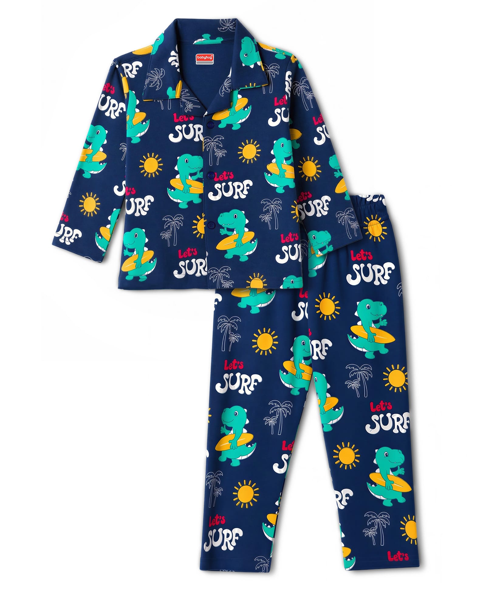 Babyhug Cotton Knit Full Sleeves Dino & Beach Theme Printed Co-Ords Shirt & Pyjama Night Suit - Navy Blue-image-29