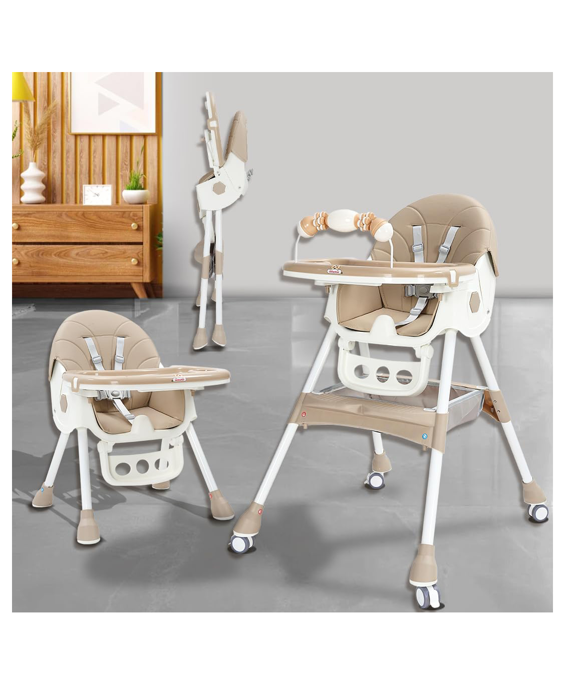Infantso SWINI 5-in-1 Multifunctional Baby High Chair Swing Adjustable Height Dual Tray Reclinable Backrest Footrest Feeding Seat - Beige-image-22