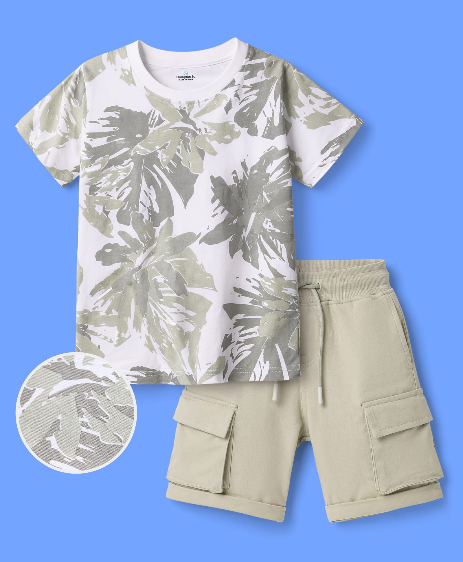 OLLINGTON ST. Cotton Knit Floral Printed Half Sleeve T-Shirt & Shorts Set -Multicolour & Grey-picture-1