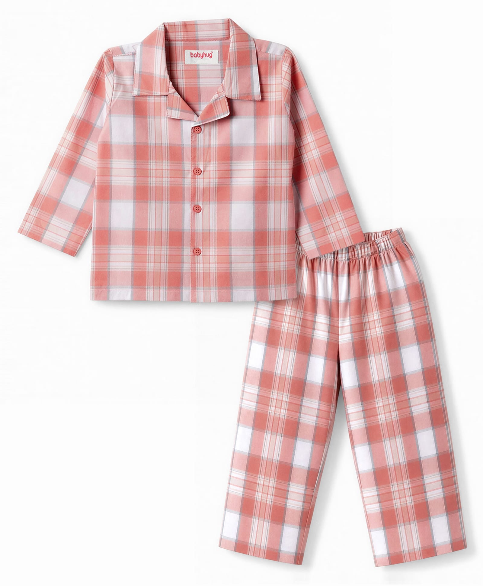 Babyhug Cotton Woven Full Sleeves Checked Co-Ords Shirt & Pyjama Night Suit - Coral-image-35