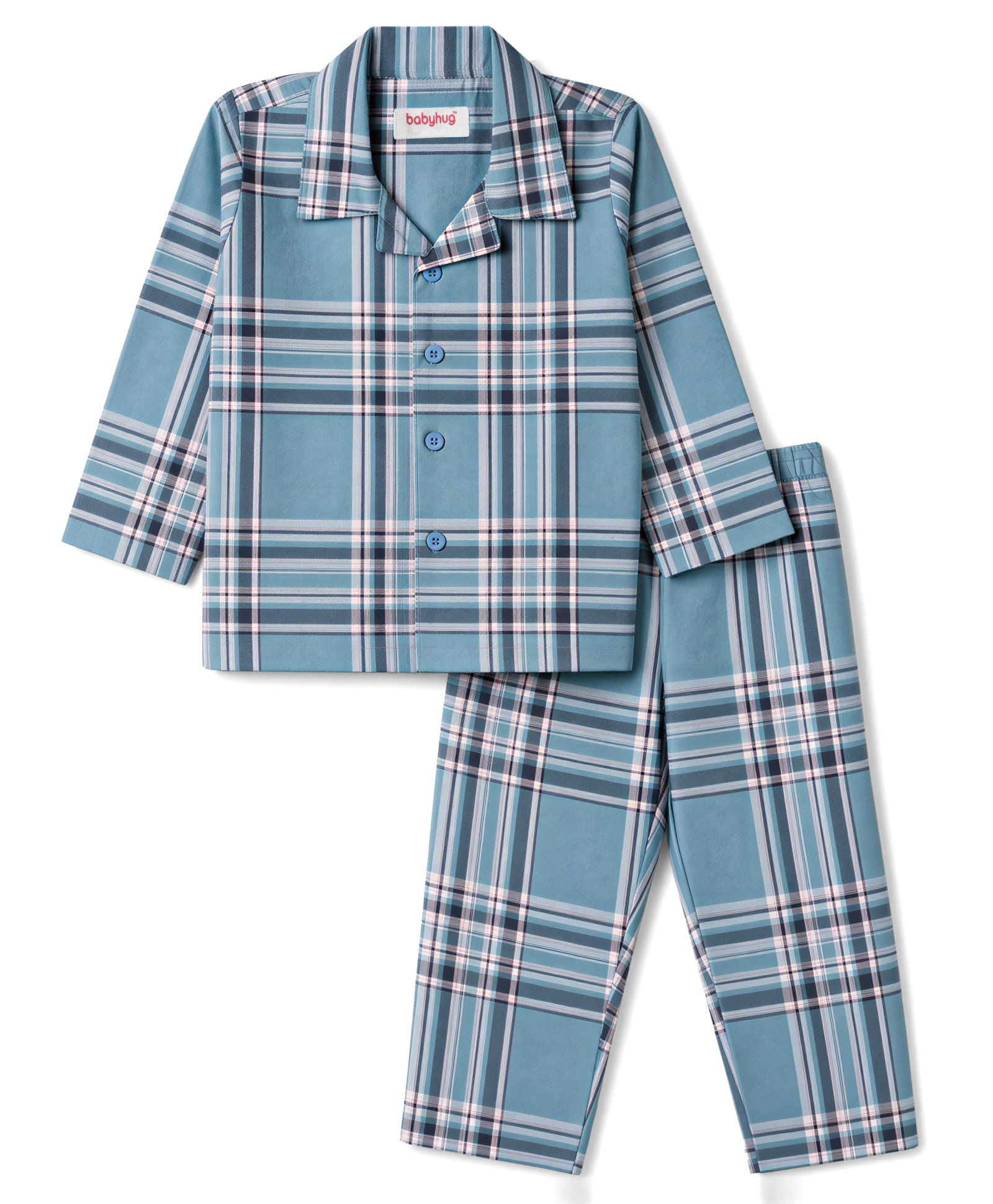 Babyhug Cotton Woven Full Sleeves Checked Co-Ords Shirt & Pyjama Night Suit - Blue-image-36