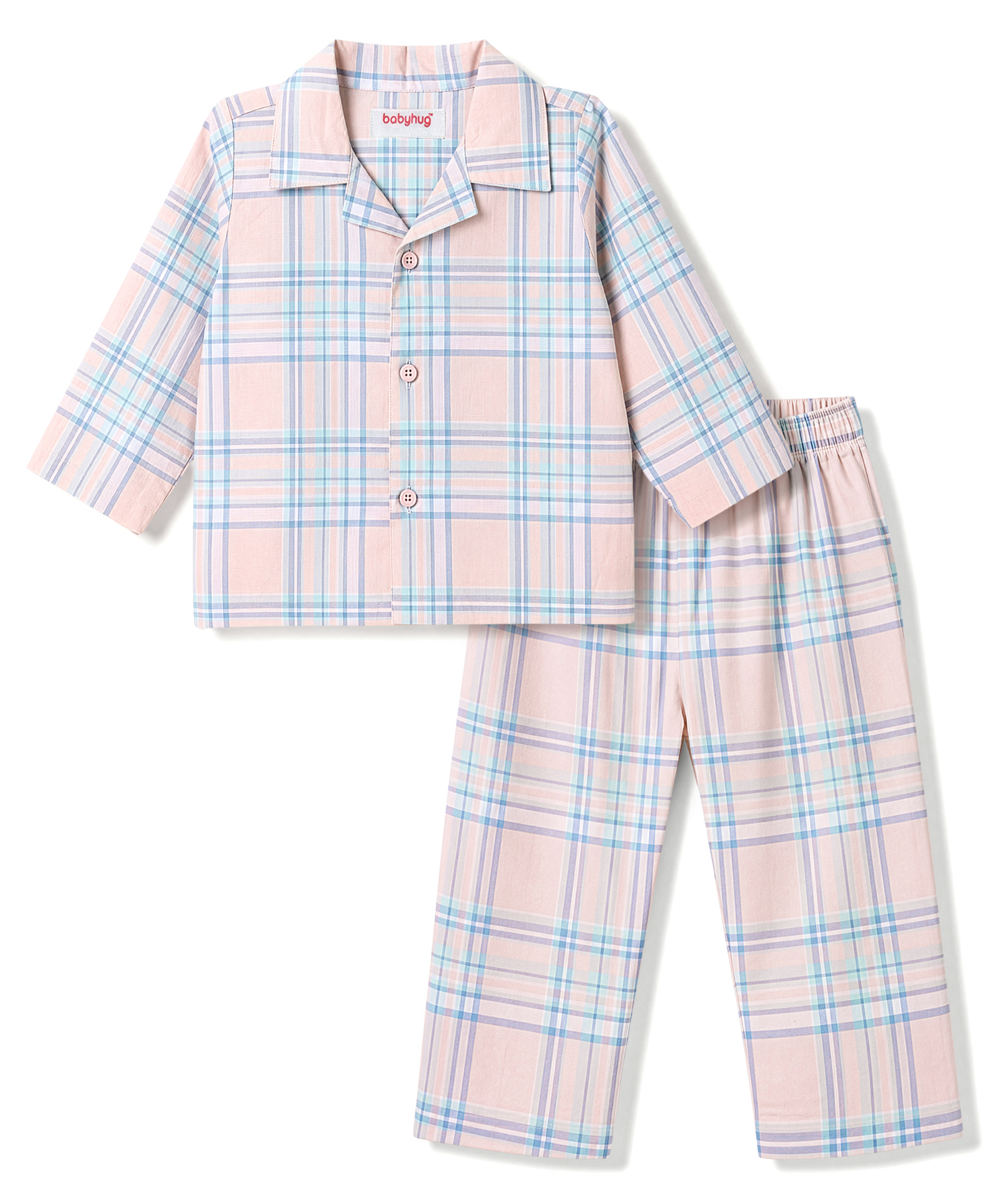 Babyhug Cotton Knit Full Sleeves Shirt & Pyjama Night Suit with Checks - Peach & Blue-image-16
