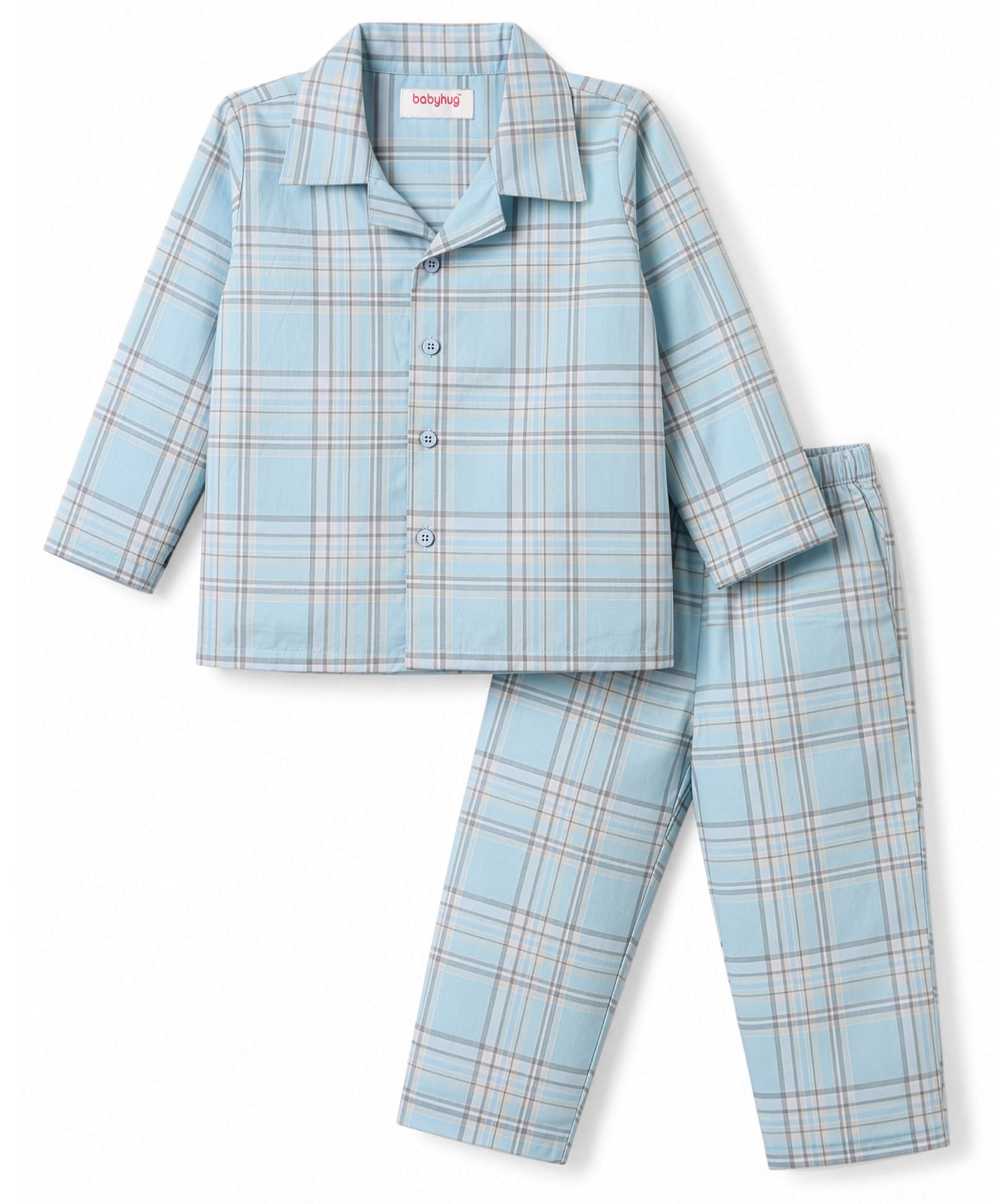 Babyhug Cotton Knit Full Sleeves Shirt & Pyjama Night Suit with Checks - Light Blue-image-44