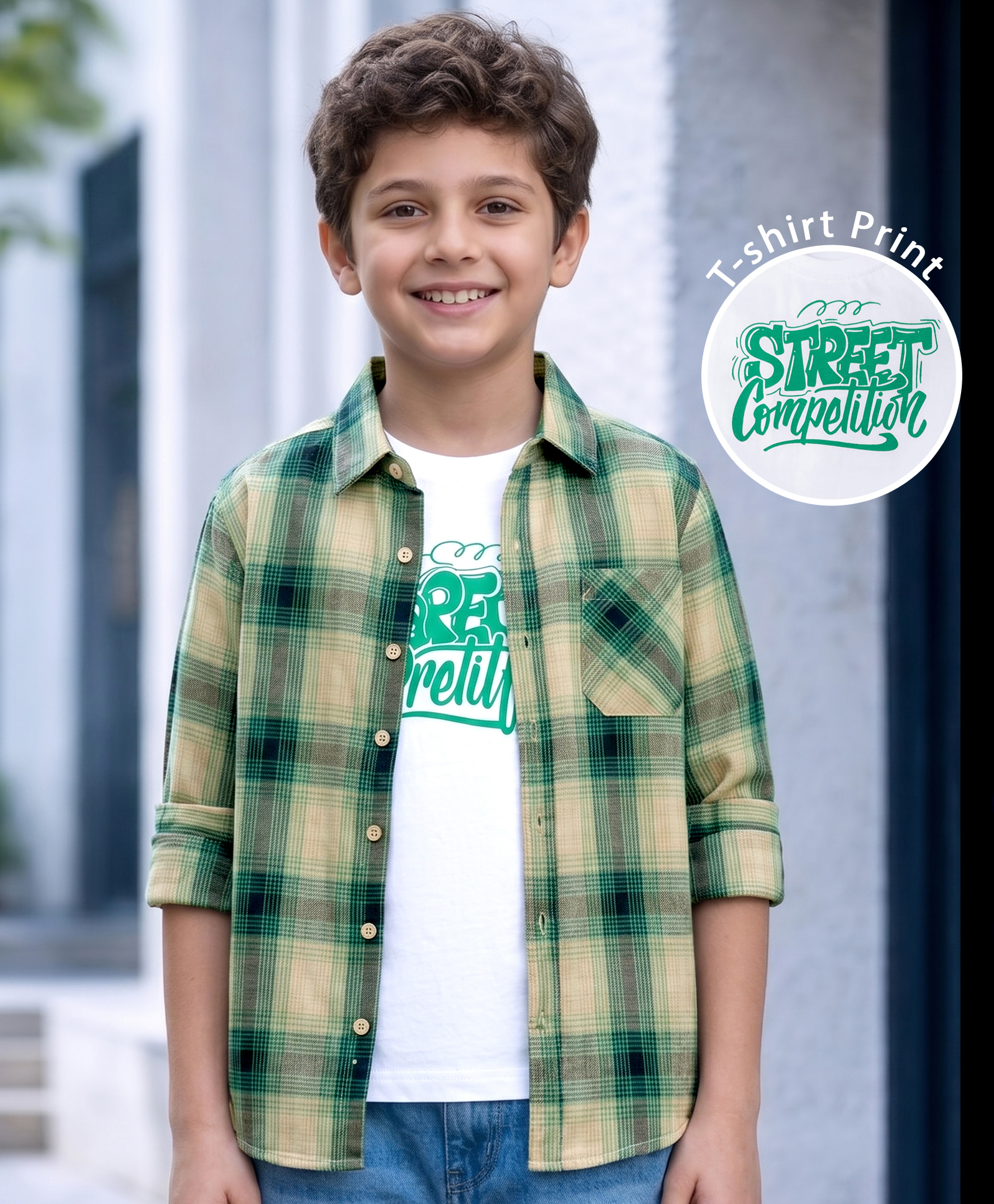 Pine Kids Cotton Woven Full Sleeves Checks Shirt & Printed T-Shirt - Green-image-18