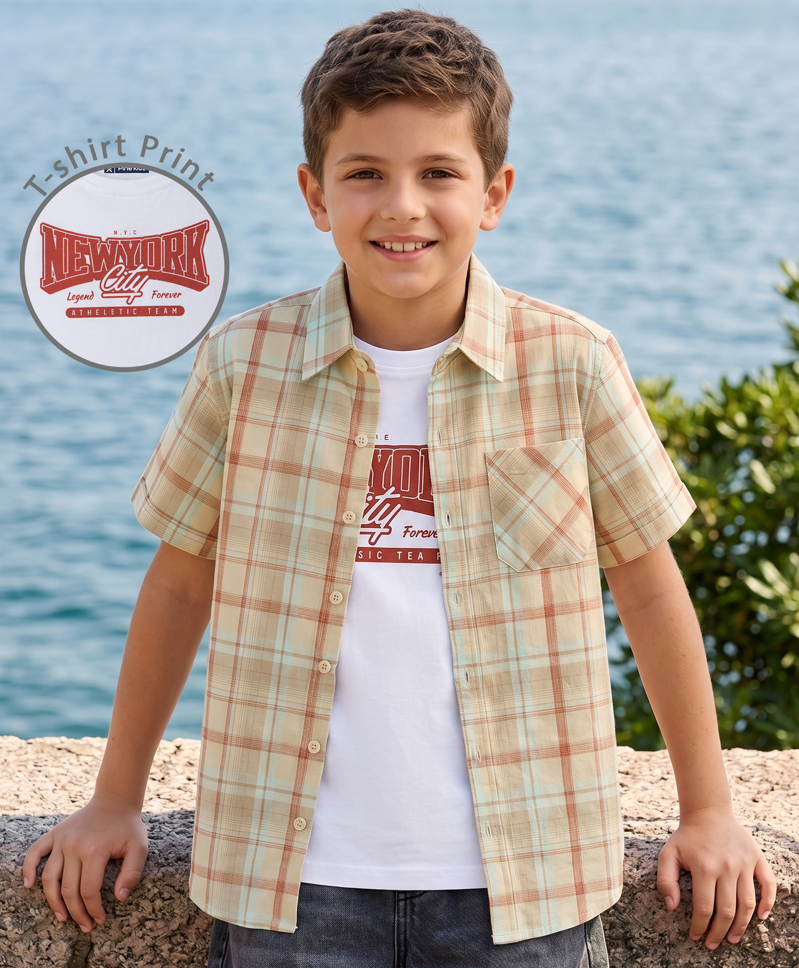 Pine Kids Cotton Woven Half Sleeves Checks Shirt With Printed T-Shirt - Multicolor-image-36