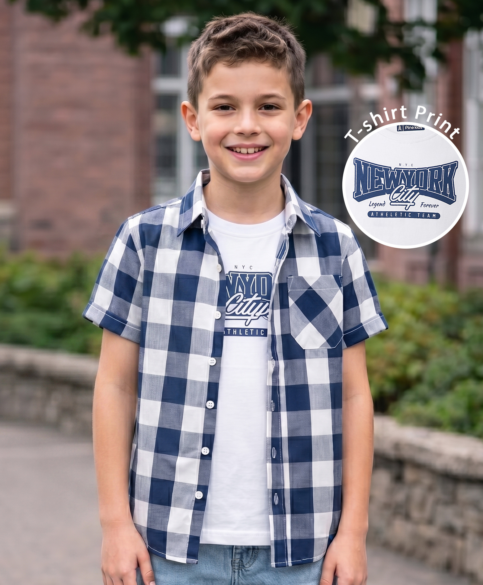 Pine Kids Cotton Woven Half Sleeves Checks Shirt With Printed T-Shirt - Multicolor-image-37
