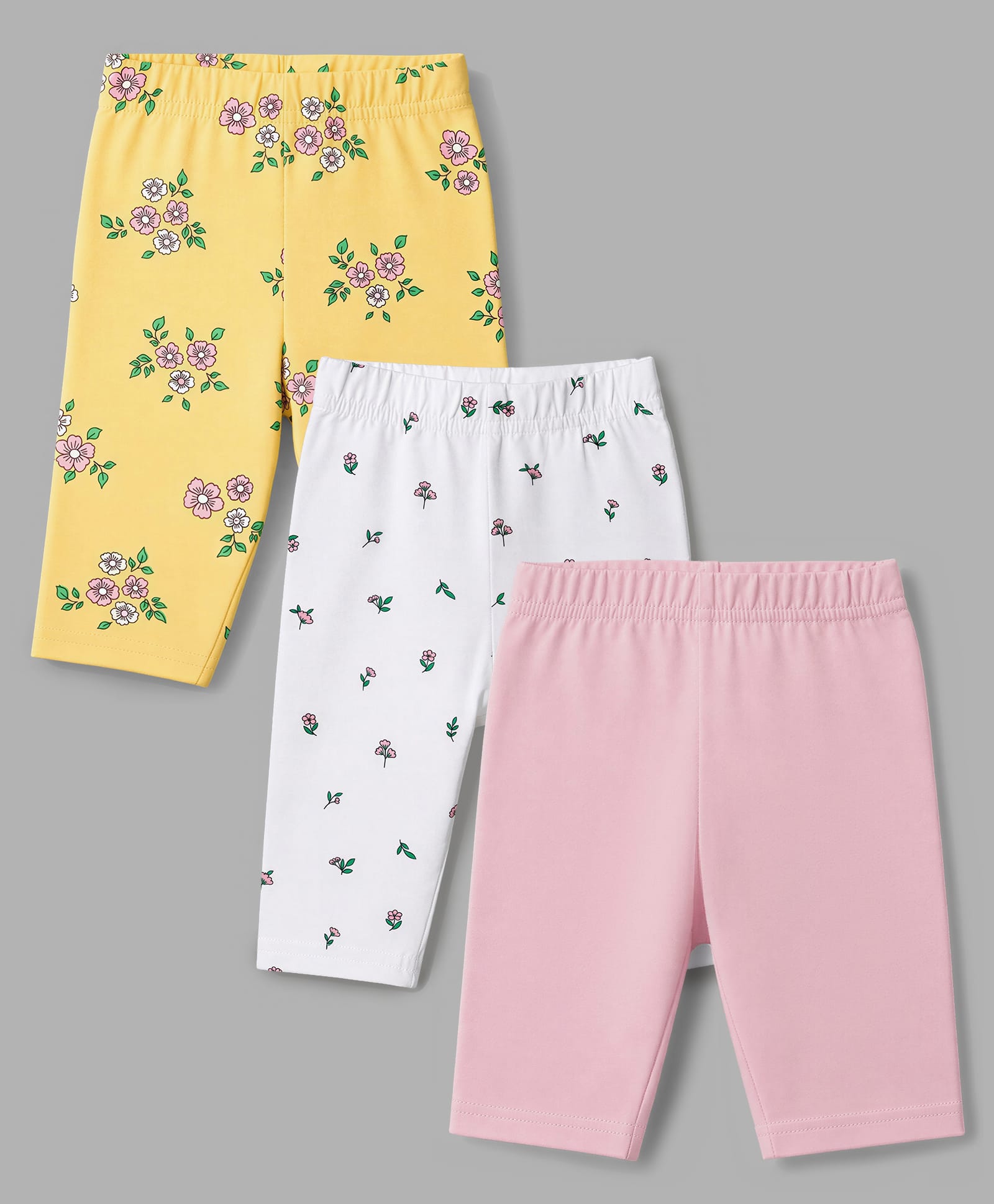 Babyhug Cotton Knit Three Fourth Leggings & Pants With Floral Print Pack of 3 - Pink Yellow & White-image-44