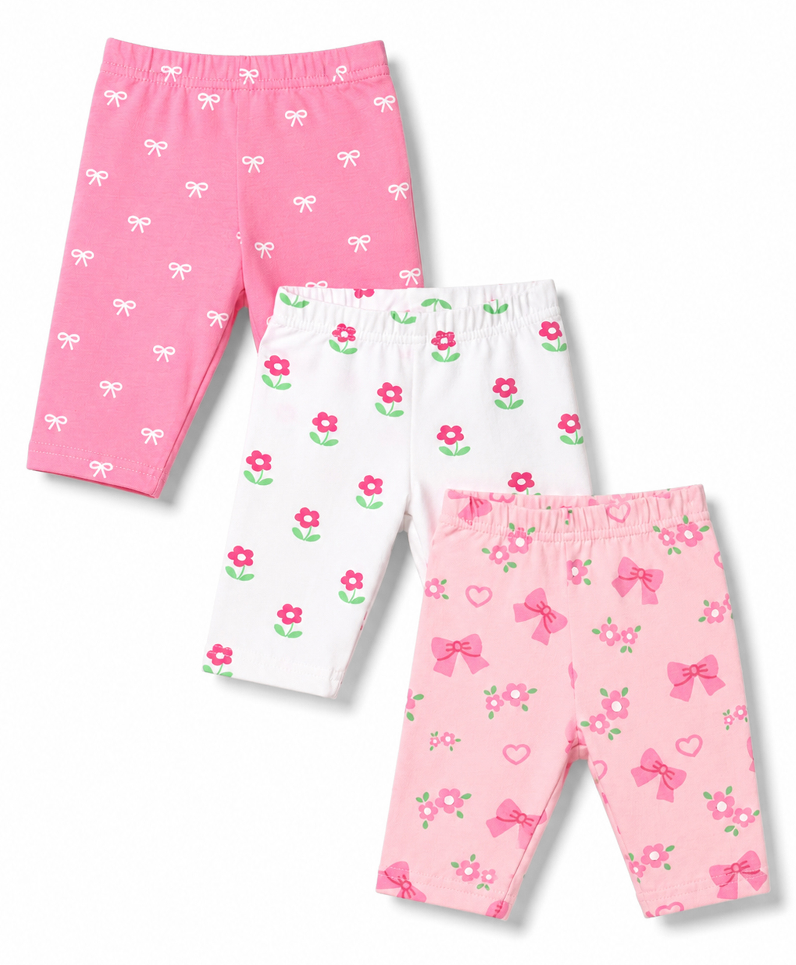 Babyhug Cotton Knit Knee Length Bow Floral & Hearts Printed Three Forth Leggings Pack Of 3- Pink & White-picture-10