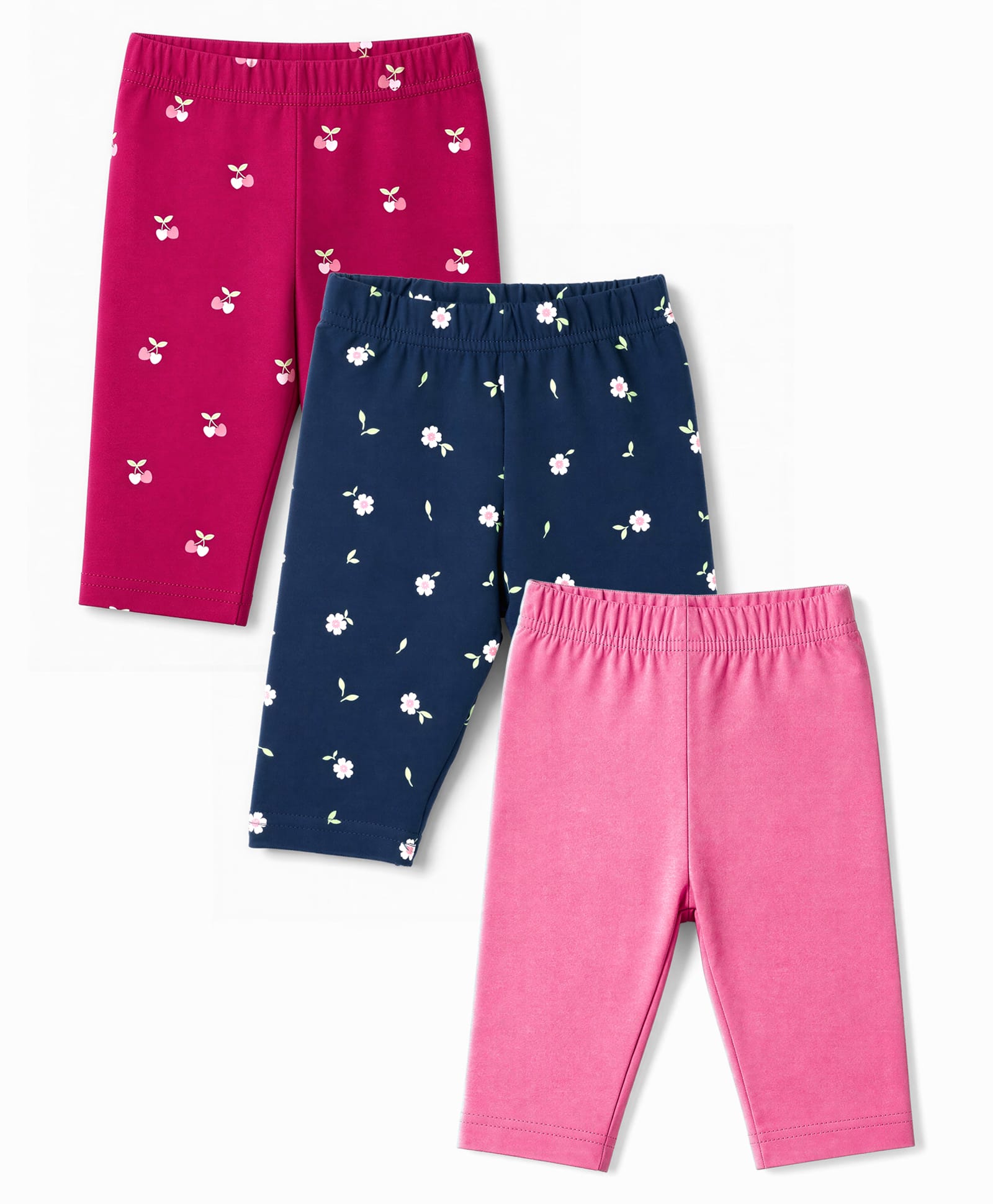 Babyhug Cotton Knit Three Fourth Leggings With Polka Dot & Berry Print Pack of 3 - Red Navy & Pink-picture-15