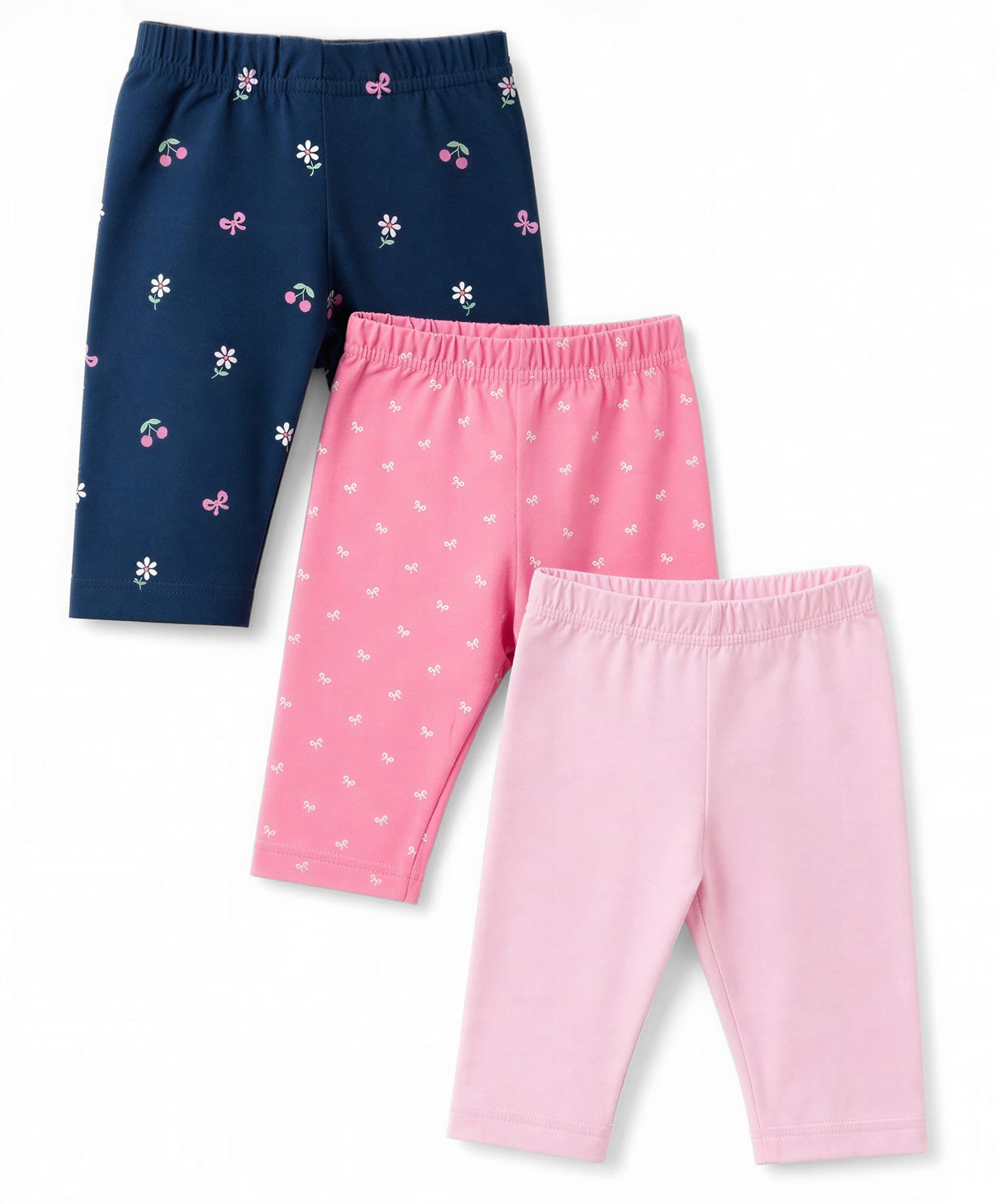 Babyhug Cotton Knit Three Fourth Leggings With Floral & Berry Print Pack of 3 - Navy & Pink-picture-15