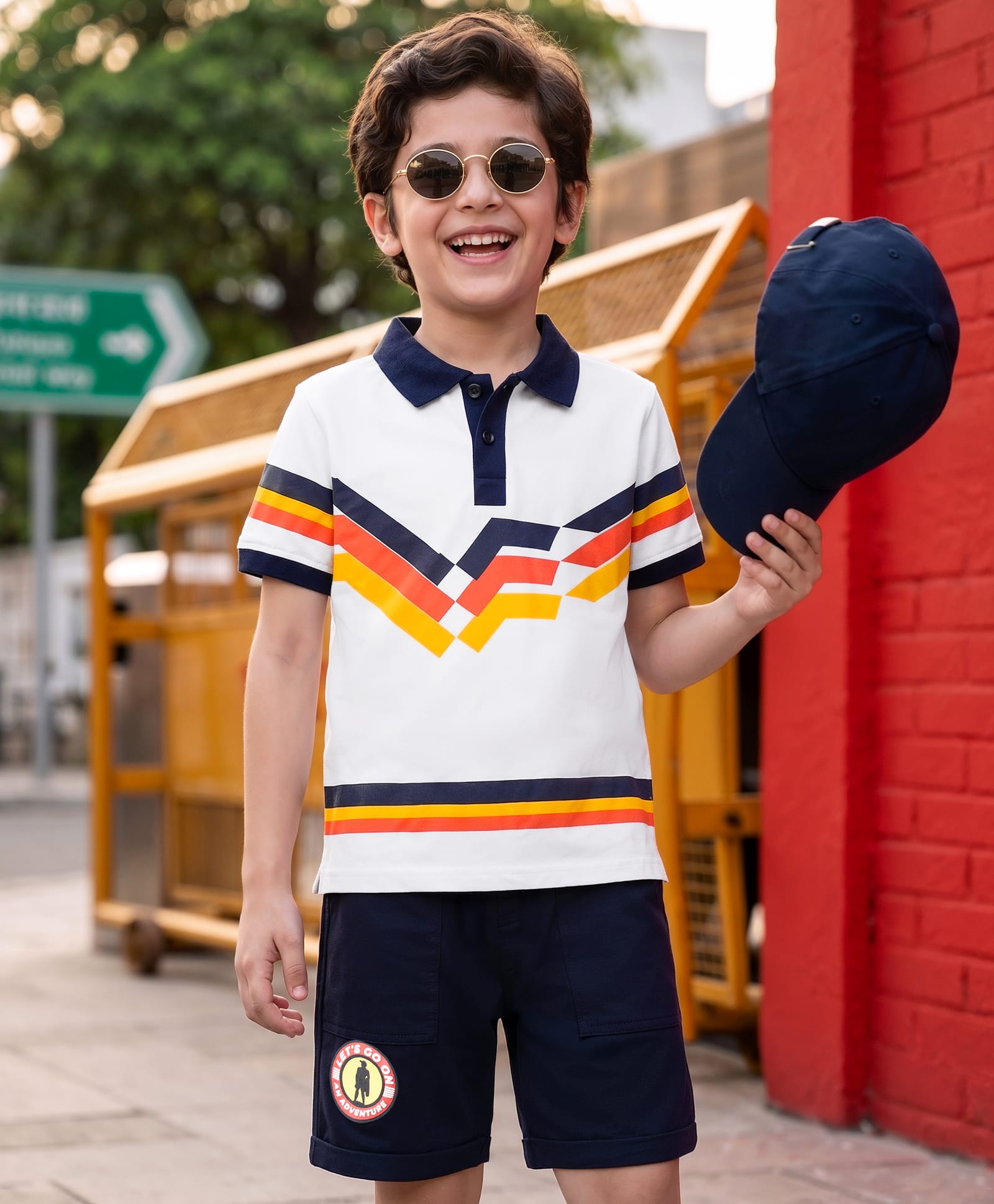 OLLINGTON ST. Cotton Knit Printed Half Sleeve Polo T-Shirt & Shorts -Multicolour & Navy-image-10