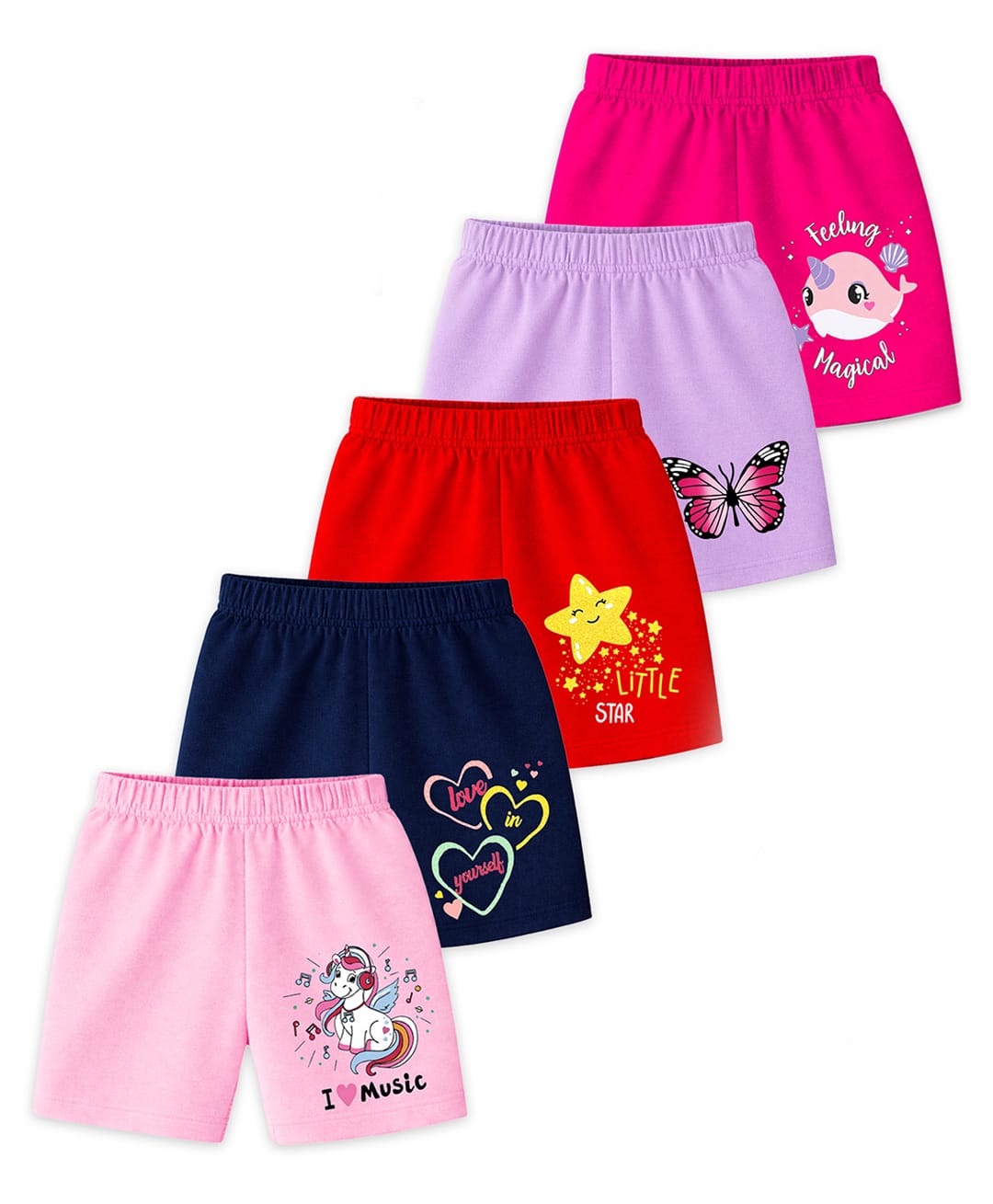 KUCHIPOO Cotton Blend Knit Pack of 5 Unicorn Heart & Butterfly Printed Shorts - Lavender Red Navy Blue Light & Dark Pink-picture-21