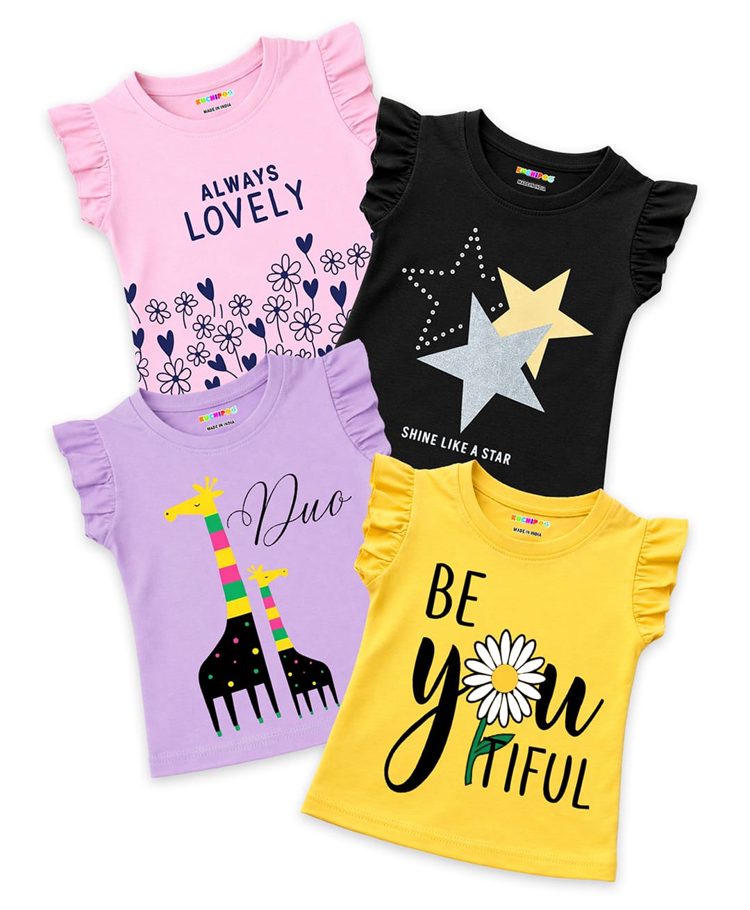 KUCHIPOO Cotton Blend Knit Pack Of 4 Frill Sleeves Floral & Typography Printed Tops - Black Light Pink Yellow & Lavender-image-47