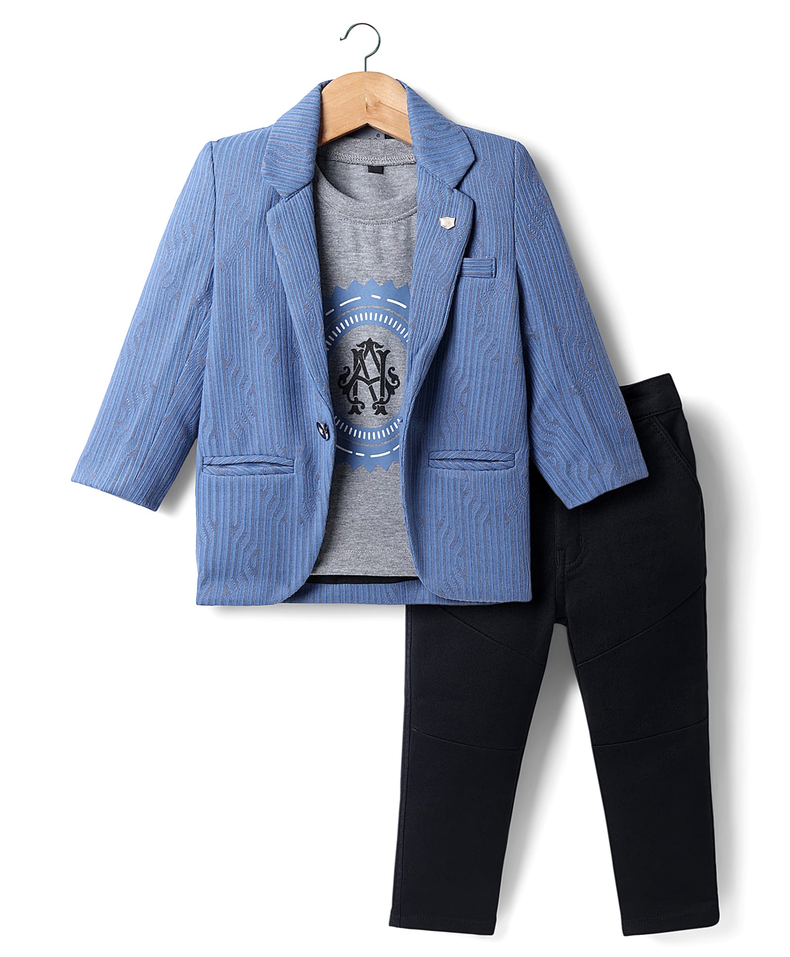 Dapper Dudes Woven Full Sleeves Self Design Blazer With Typographic Printed Tee & Trouser - Blue-image-5