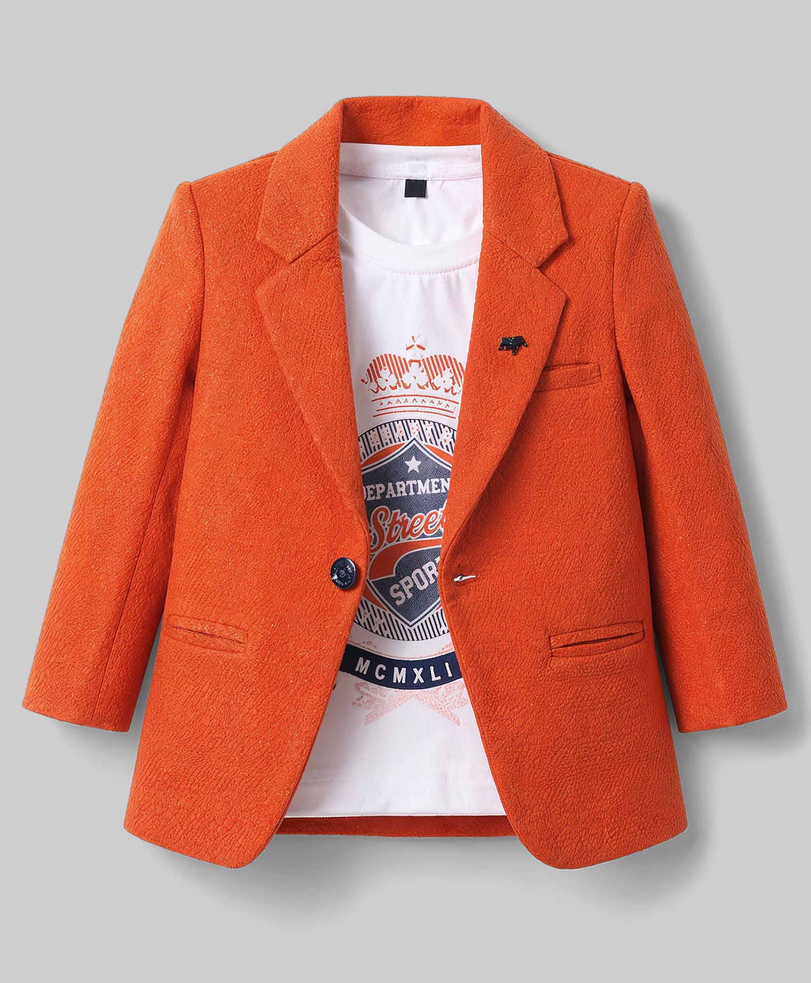 Dapper Dudes Woven Full Sleeves Solid Blazer With Sports Printed Tee & Pant Set - Orange-picture-18