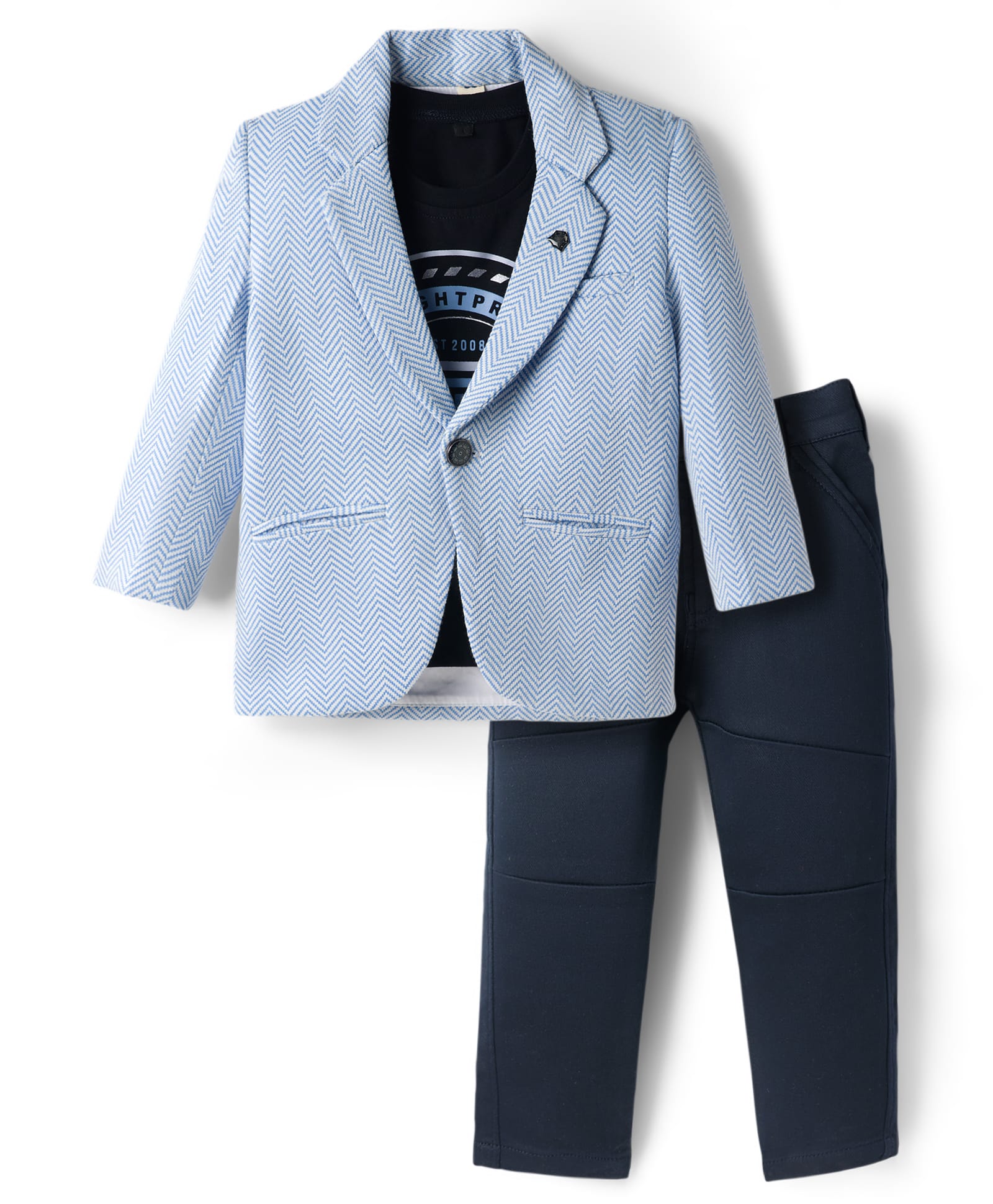Dapper Dudes Woven Full Sleeves Zig-Zag Printed Blazer With Tee & Trouser - Blue-picture-35