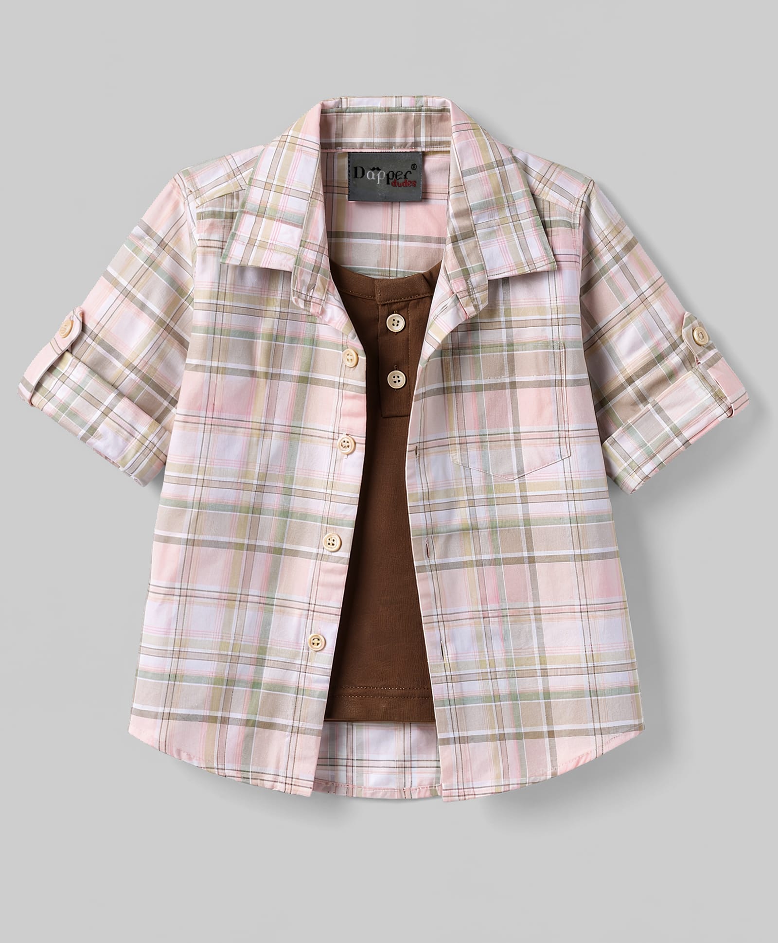 Dapper Dudes Cotton Woven Shirt with Attached Tee Checked Brown 12-24 Months-picture-20