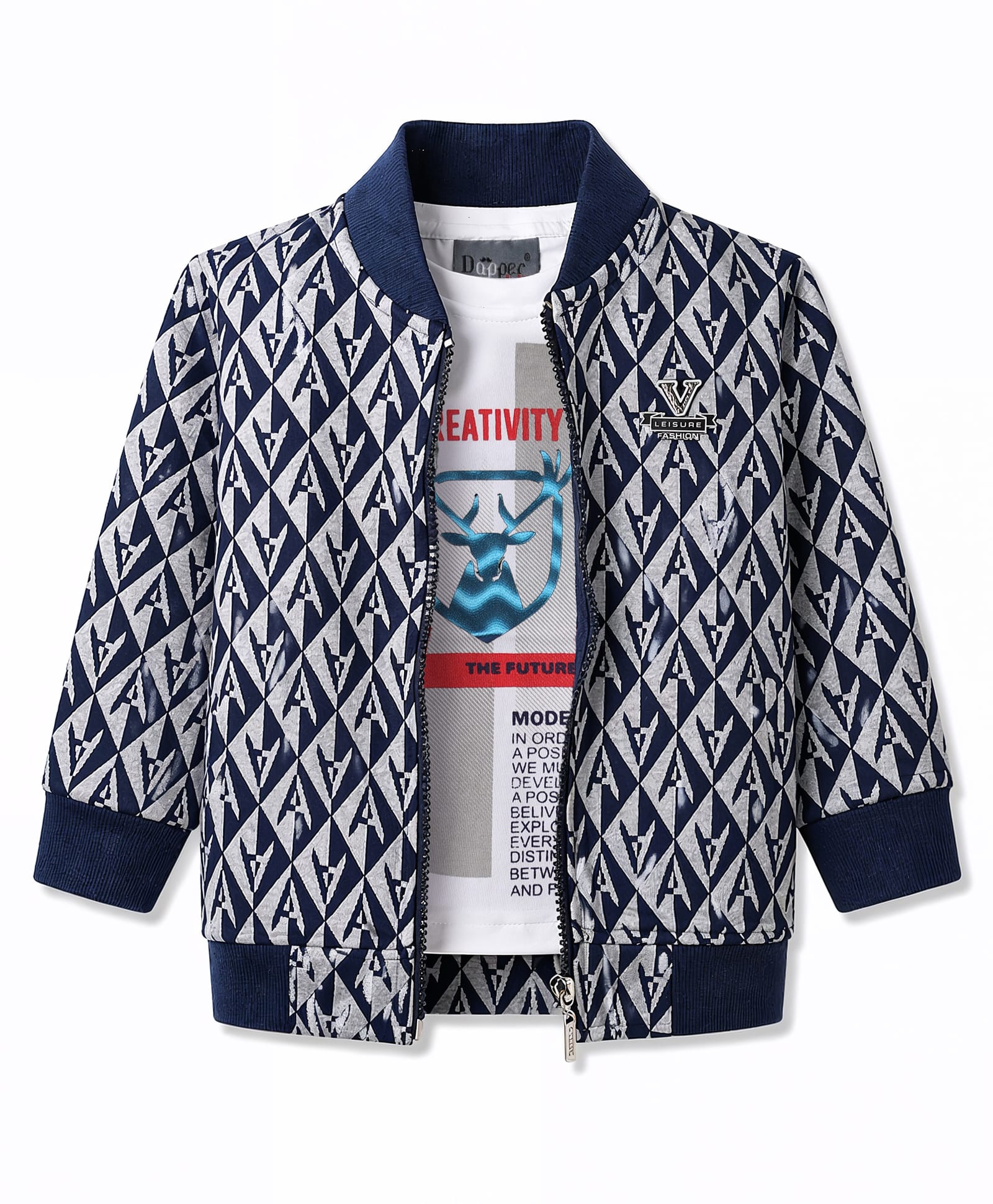 Dapper Dudes Woven Full Sleeves Printed Jacket With Tee - Navy Blue-image-6
