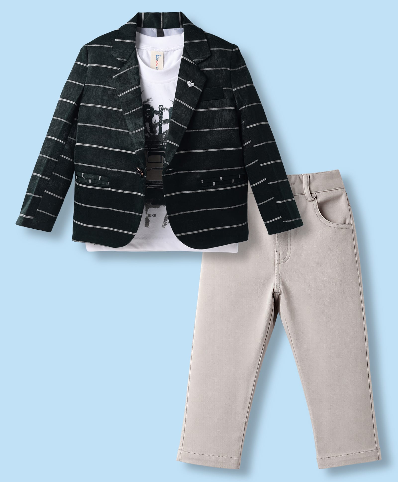 Dapper Dudes Woven Full Sleeves Striped Blazer With Printed Tee & Trouser - Dark Green-image-28