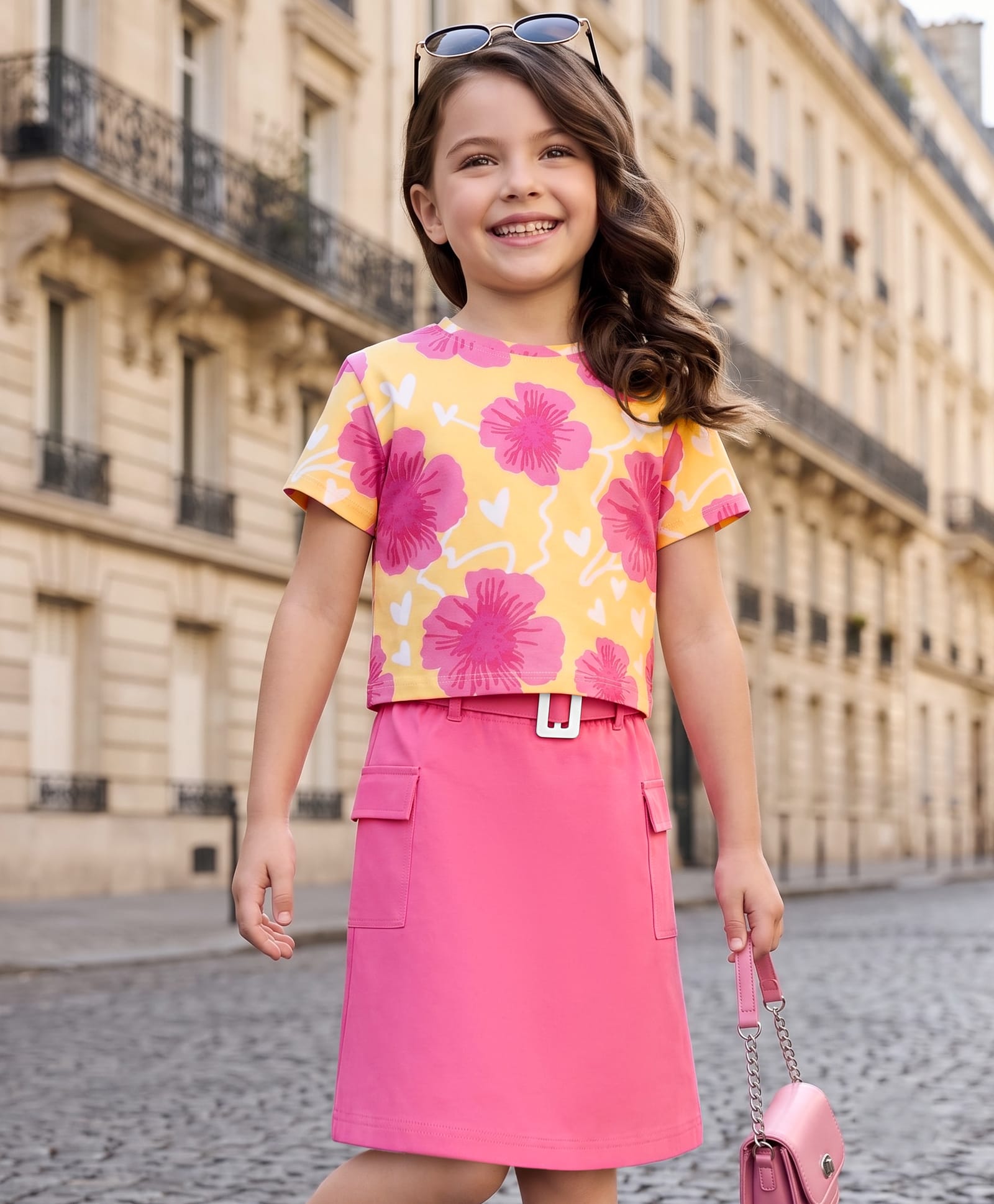 OLLINGTON ST. Cotton Knit Half Sleeve Floral Printed Top & Skirts Set - Multicolour & Pink-picture-12