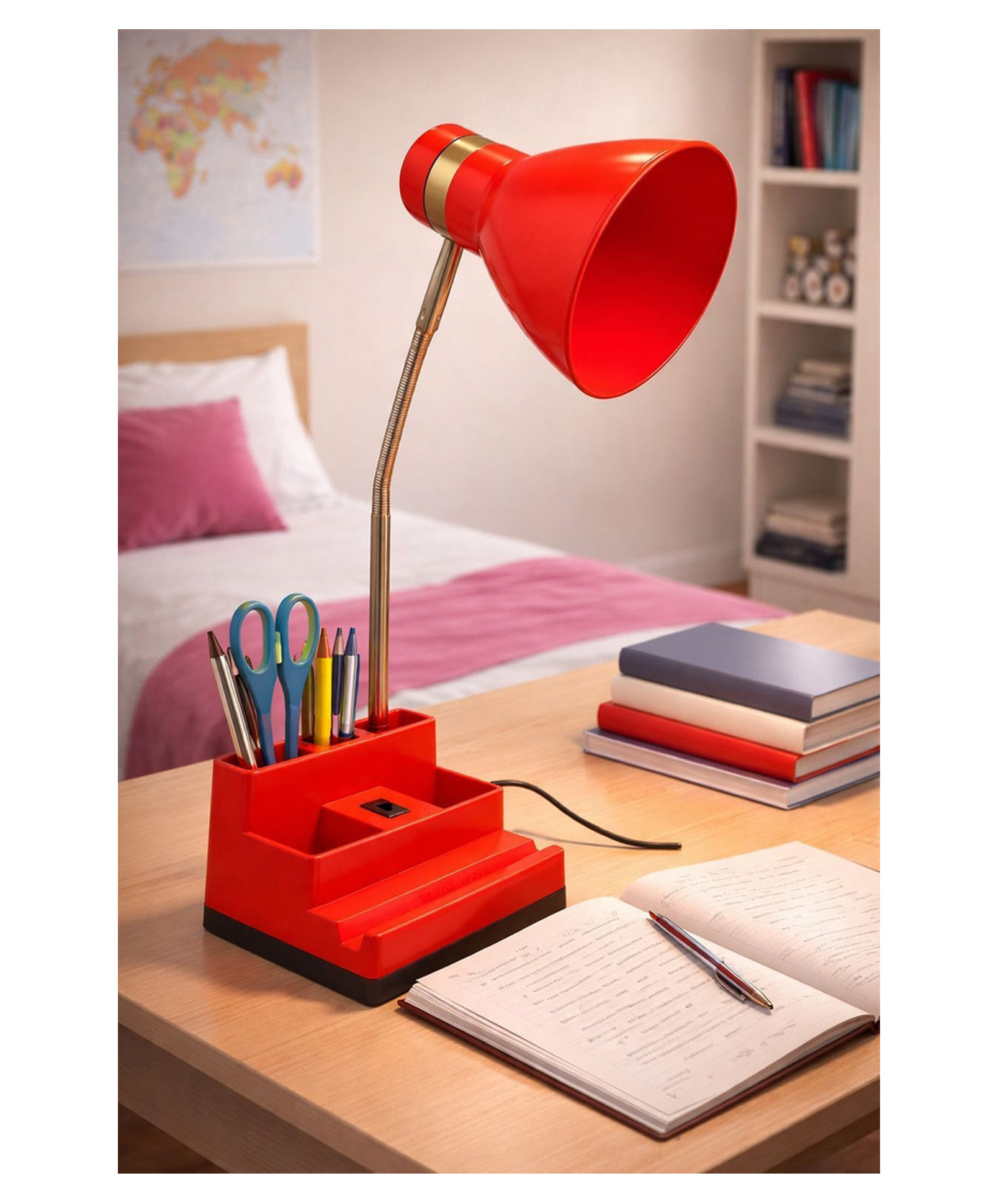 SPARK WORLD | White | Pack of 1 | Red Study Table Lamp with Organizer Base Metal Red LED Decorative Light for Home & Festival Use-image-30