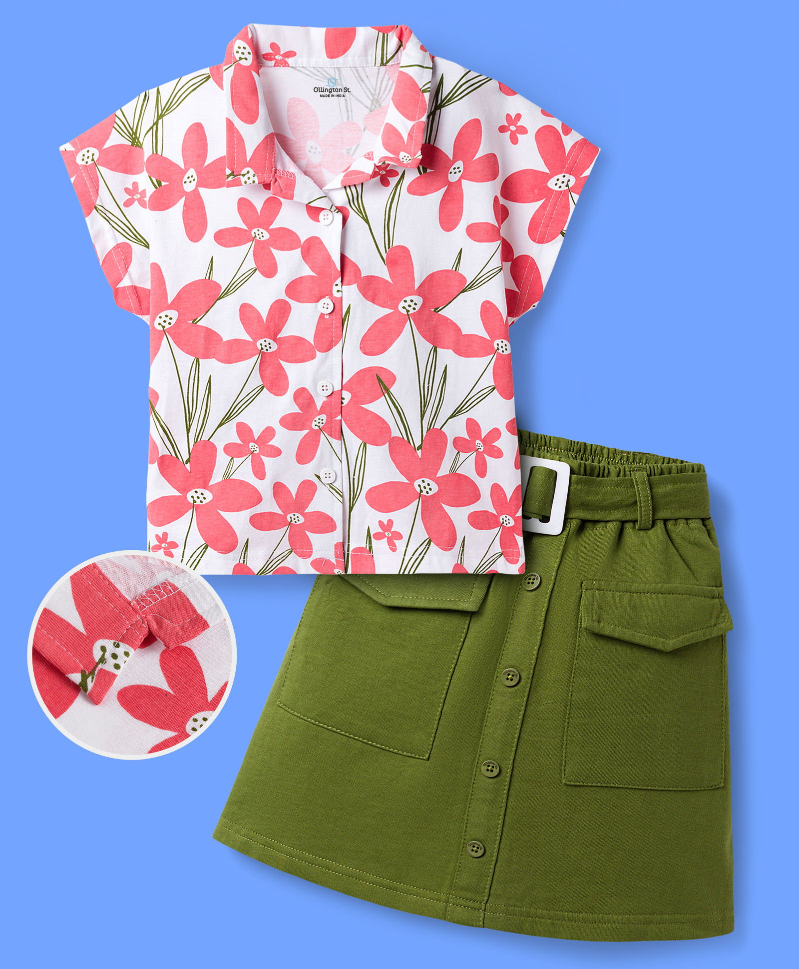 Ollington St. Cotton Knit Dolman Half Sleeves Floral Printed Top & Skirts- Pink & Green-image-48