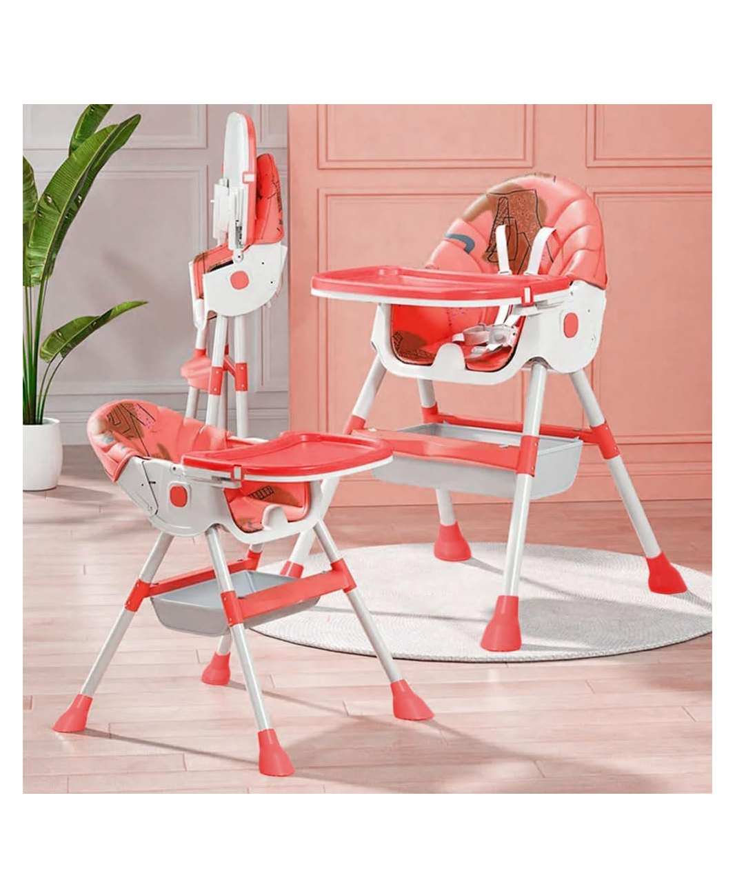 StarAndDaisy Baby High Chair / 3 in 1 Feeding Chairs With 5 Point Safety Belt , Recline Highchair Adjustable Height Dining, Detachable Feeding Tray, PU Cushion Pad - Orange-image-49