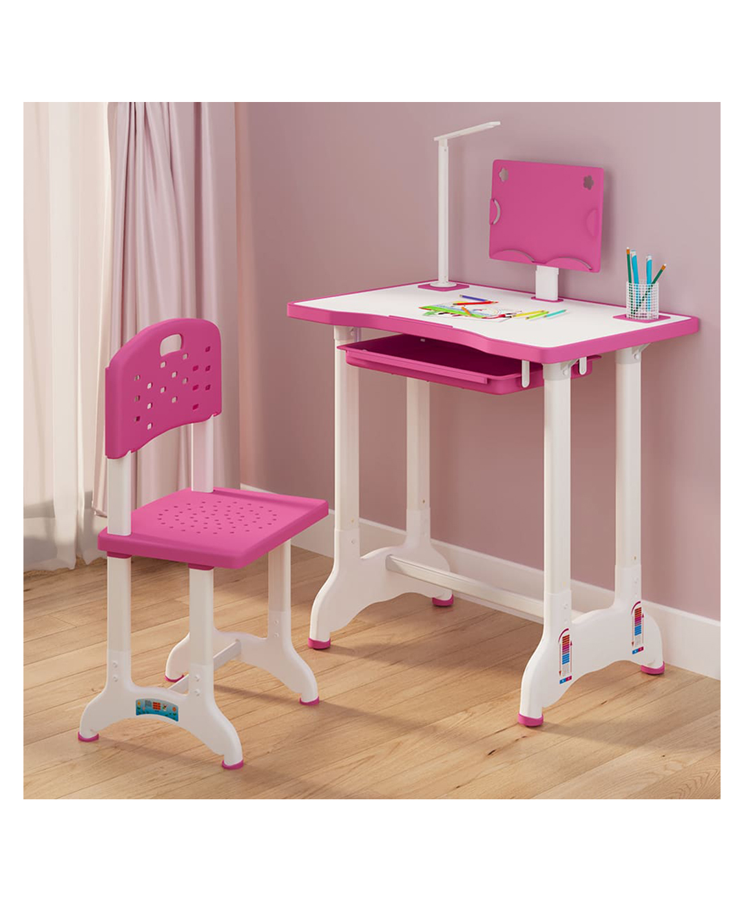 StarAndDaisy Study Table for Kids With Height Adjustable Table & Chair, Book Storage, Book Holder & Cup Holder - Pink-picture-28