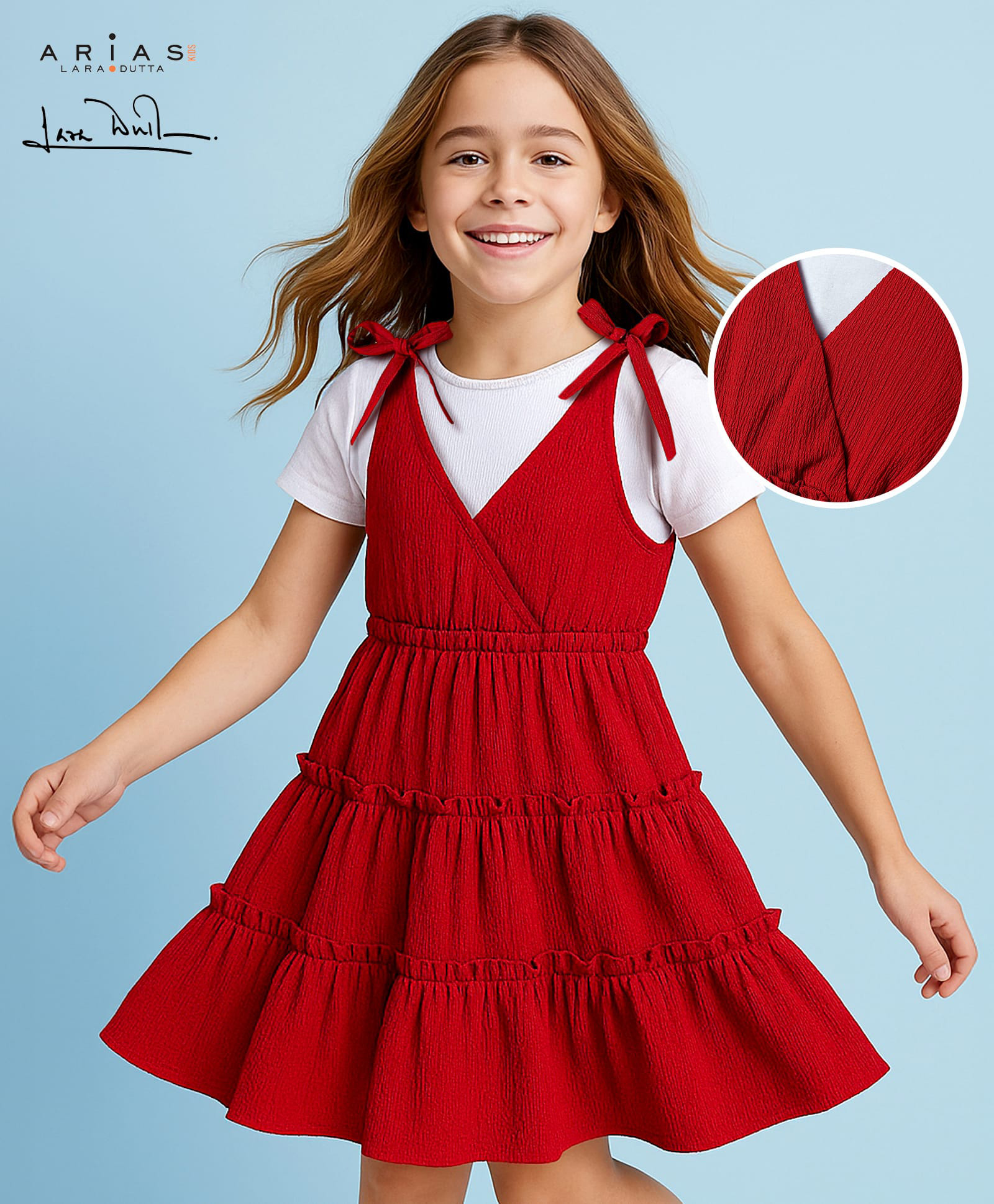 arias by lara dutta Arias Cotton Woven Tiered Dress with Shoulder Tie Ups and Ribbed Full Sleeves Inner Top Red 4-5 Years-picture-23