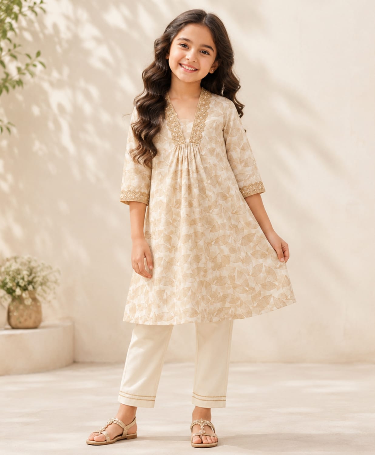 The Magic Wand Cotton Woven Half Sleeves Leaf Printed Kurti & Salwar Set - Off White-picture-12