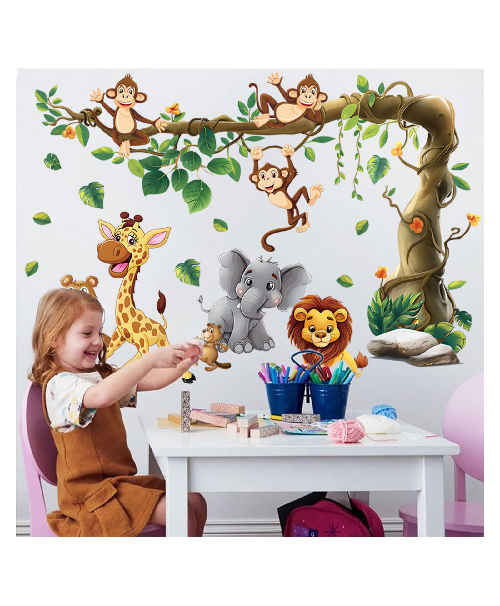 JAAMSO ROYALS Jungle Animals Wall Stickers Safari Elephant Giraffe Lion Monkey Bear Tree Wall Decals (30CM x 90 CM)-image-10