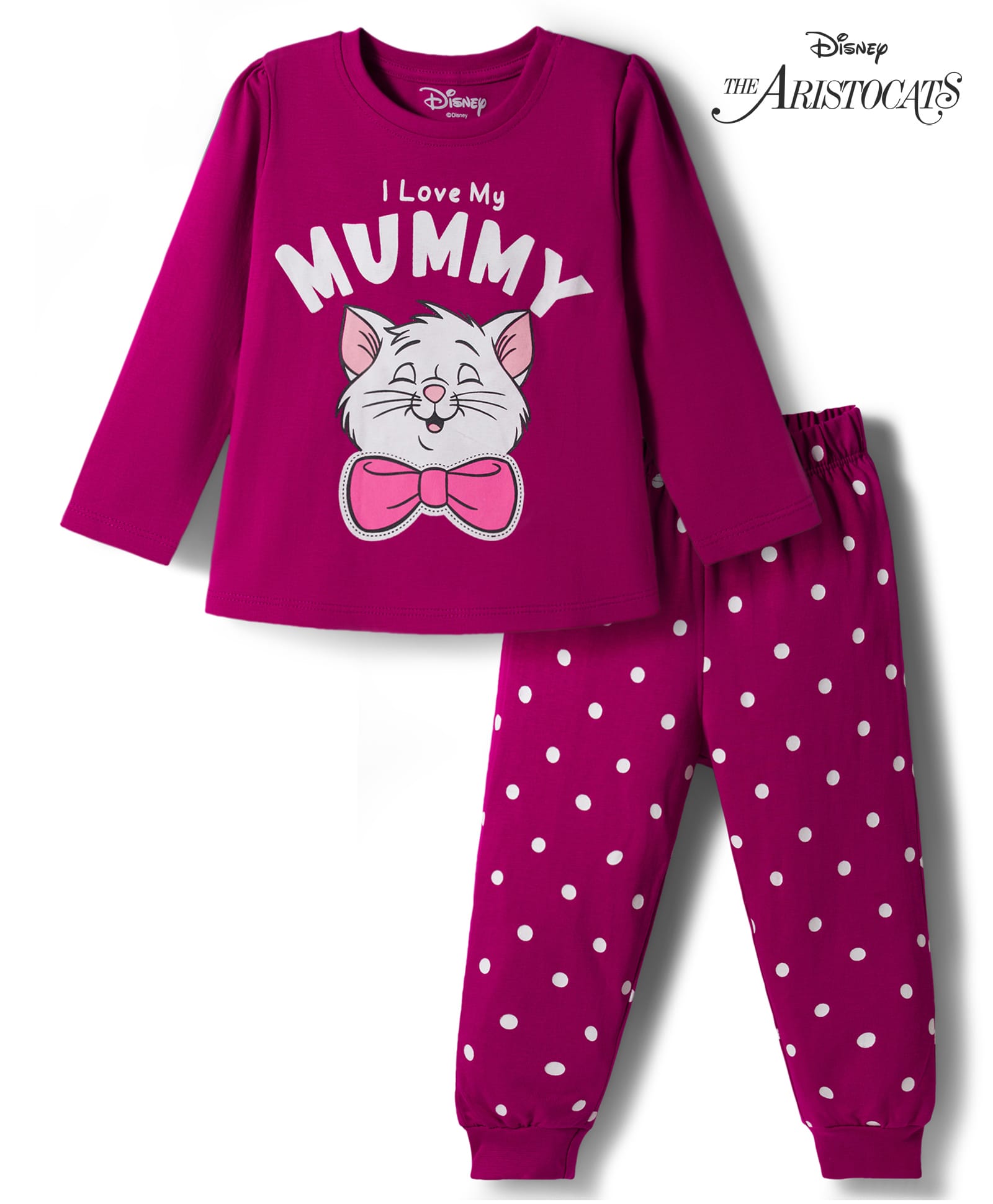 Babyhug Disney Single Jersey Knit Full Sleeves T-Shirt & Pyjama Night Suit With Polka Dots & Marie Graphics - Dark Pink-image-44