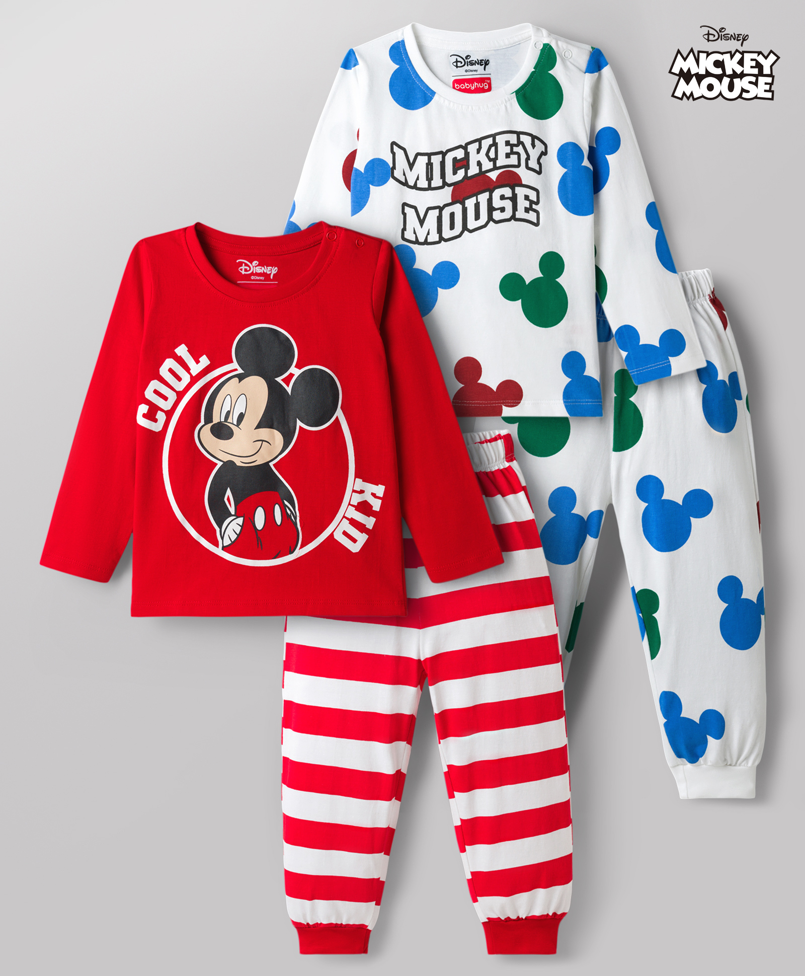 Babyhug Disney Single Jersey Knit Full Sleeves Mickey Mouse Printed Pyjama Night Suit Pack of 2 - Multicolour-image-16