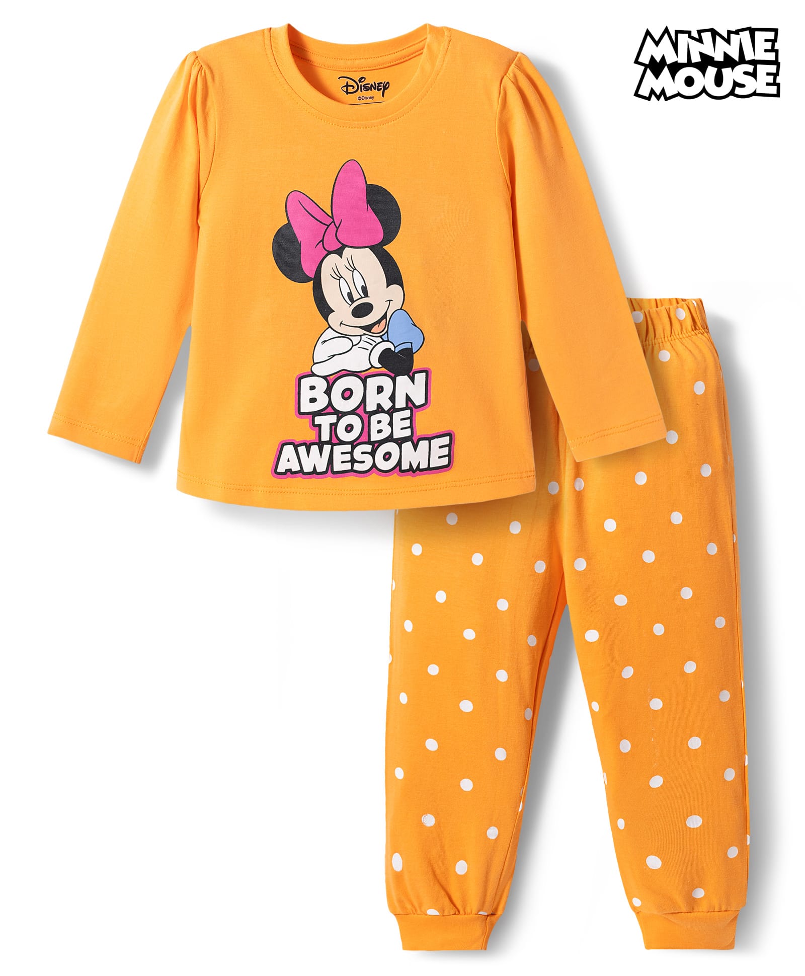 Babyhug Disney Single Jersey Knit Full Sleeves T-Shirt & Pyjama Night Suit with Minnie Mouse Graphics - Orange-image-33