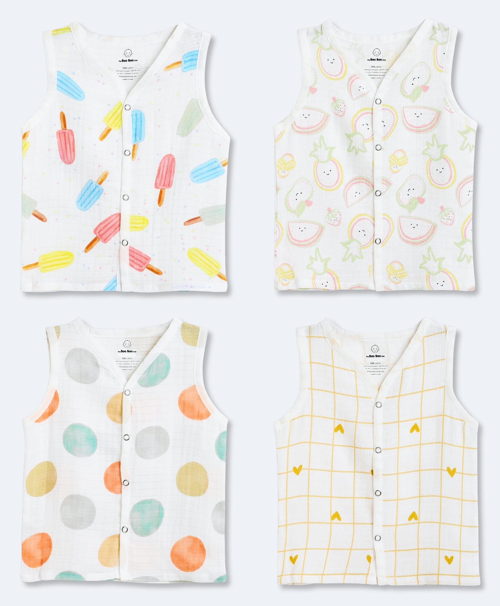 The Boo Boo Club Muslin Woven Pack Of 4 Sleeveless Fruits & Polka Dots Printed Jhablas - Multi Colour-picture-23