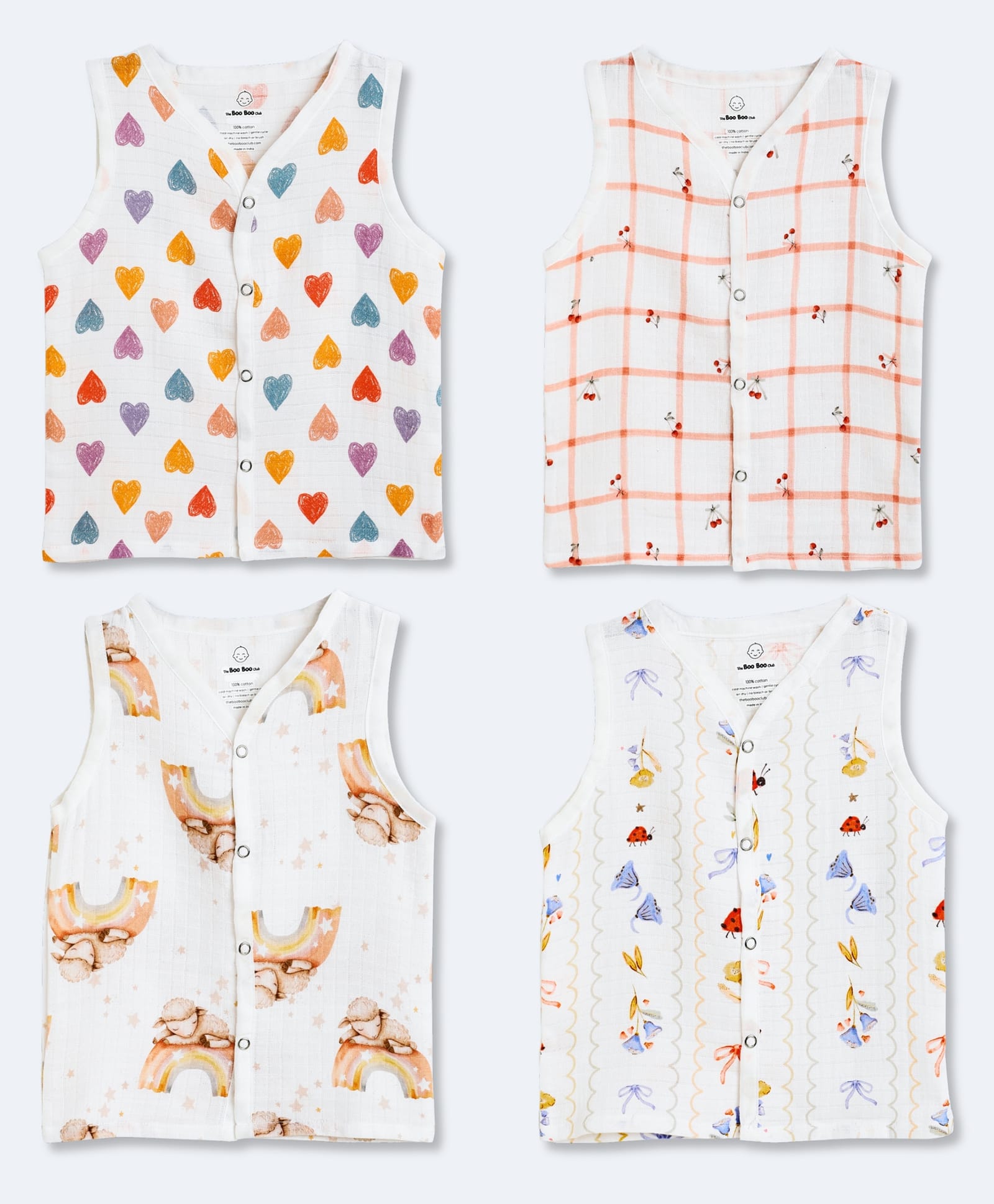 The Boo Boo Club Muslin Woven Pack Of 4 Sleeveless Checked & Hearts Printed Jhablas - Multi Colour-image-41