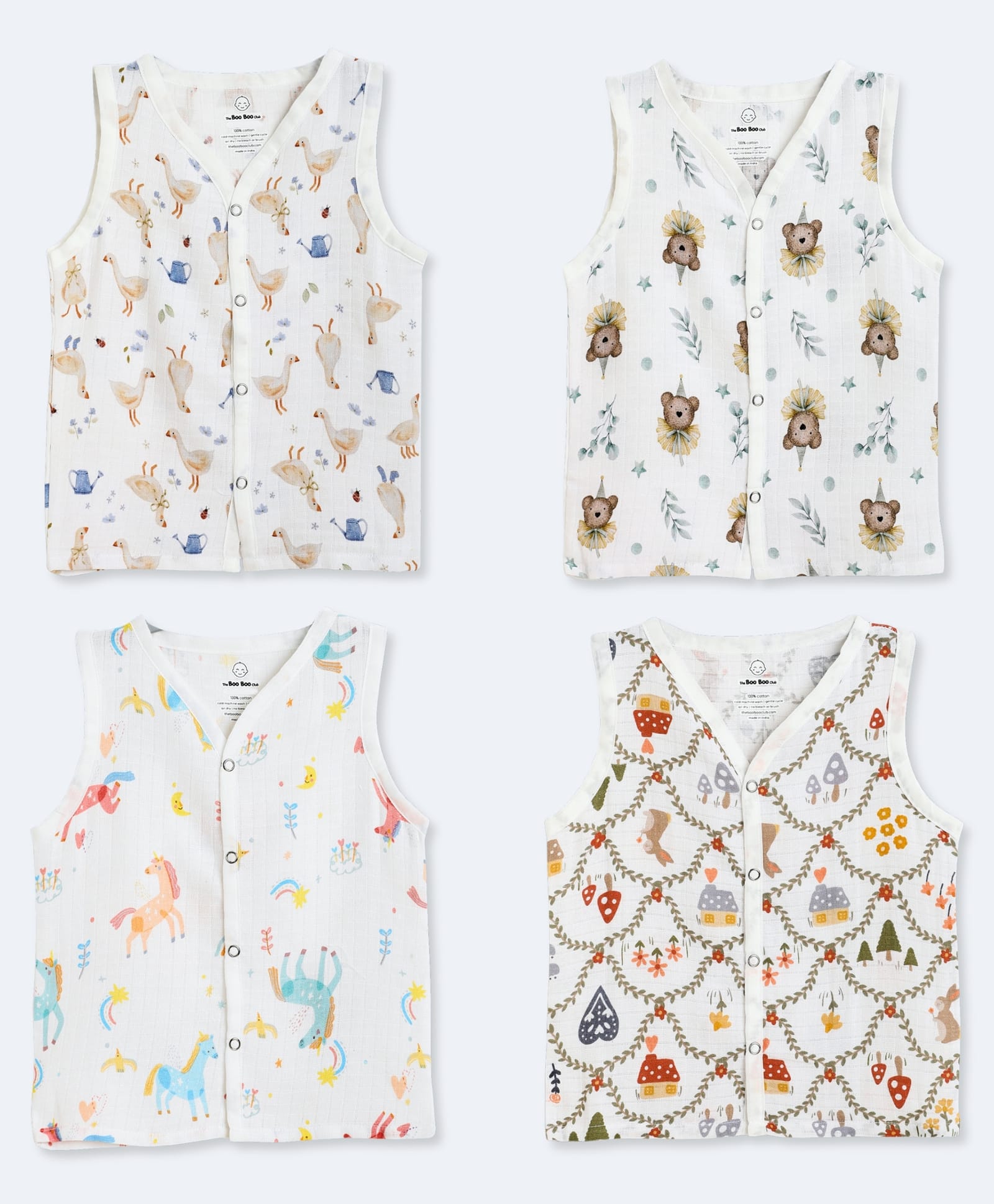 The Boo Boo Club Muslin Woven Pack Of 4 Sleeveless Unicorn & Floral Printed Jhablas - Multi Colour-picture-26