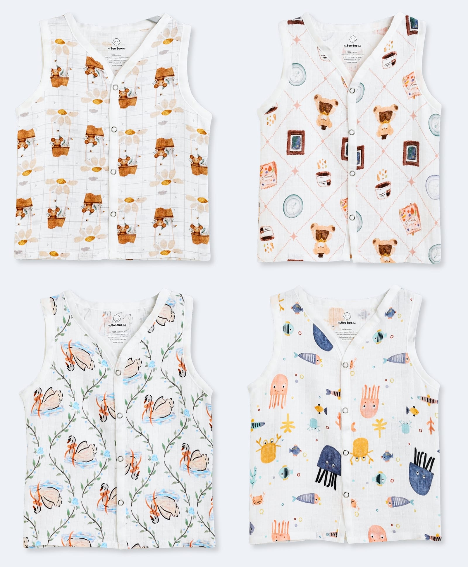 The Boo Boo Club Muslin Woven Pack Of 4 Sleeveless Animals Printed Jhablas - Multi Colour-image-17