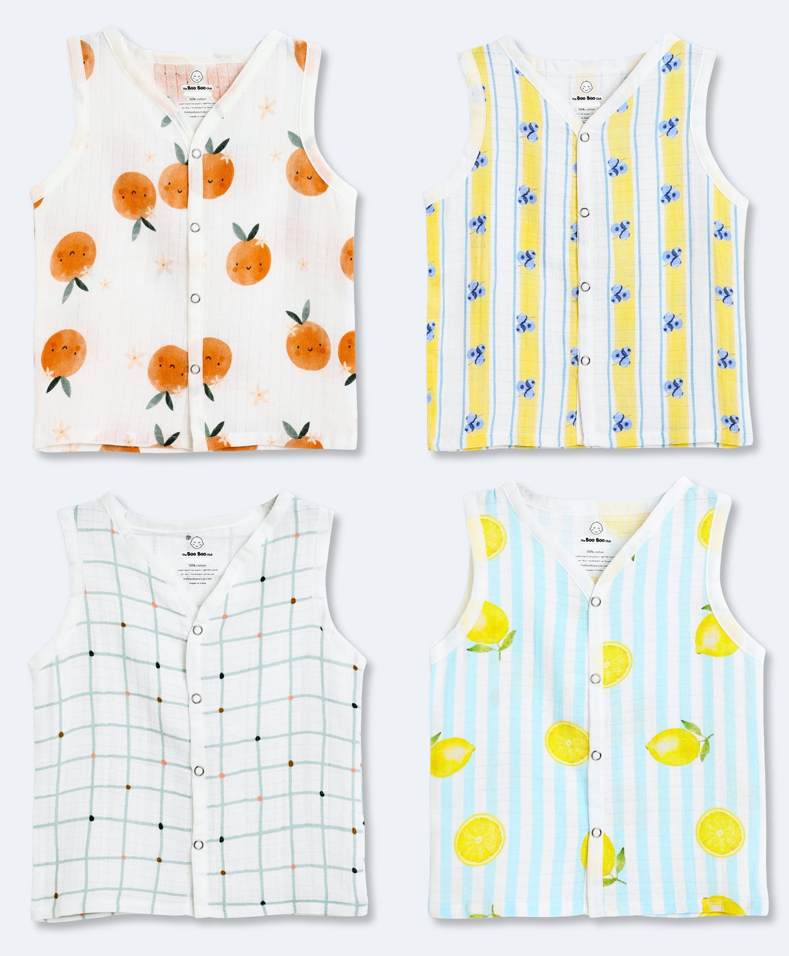 The Boo Boo Club Muslin Woven Pack Of 4 Sleeveless Striped & Checked Jhablas - Multi Colour-image-32