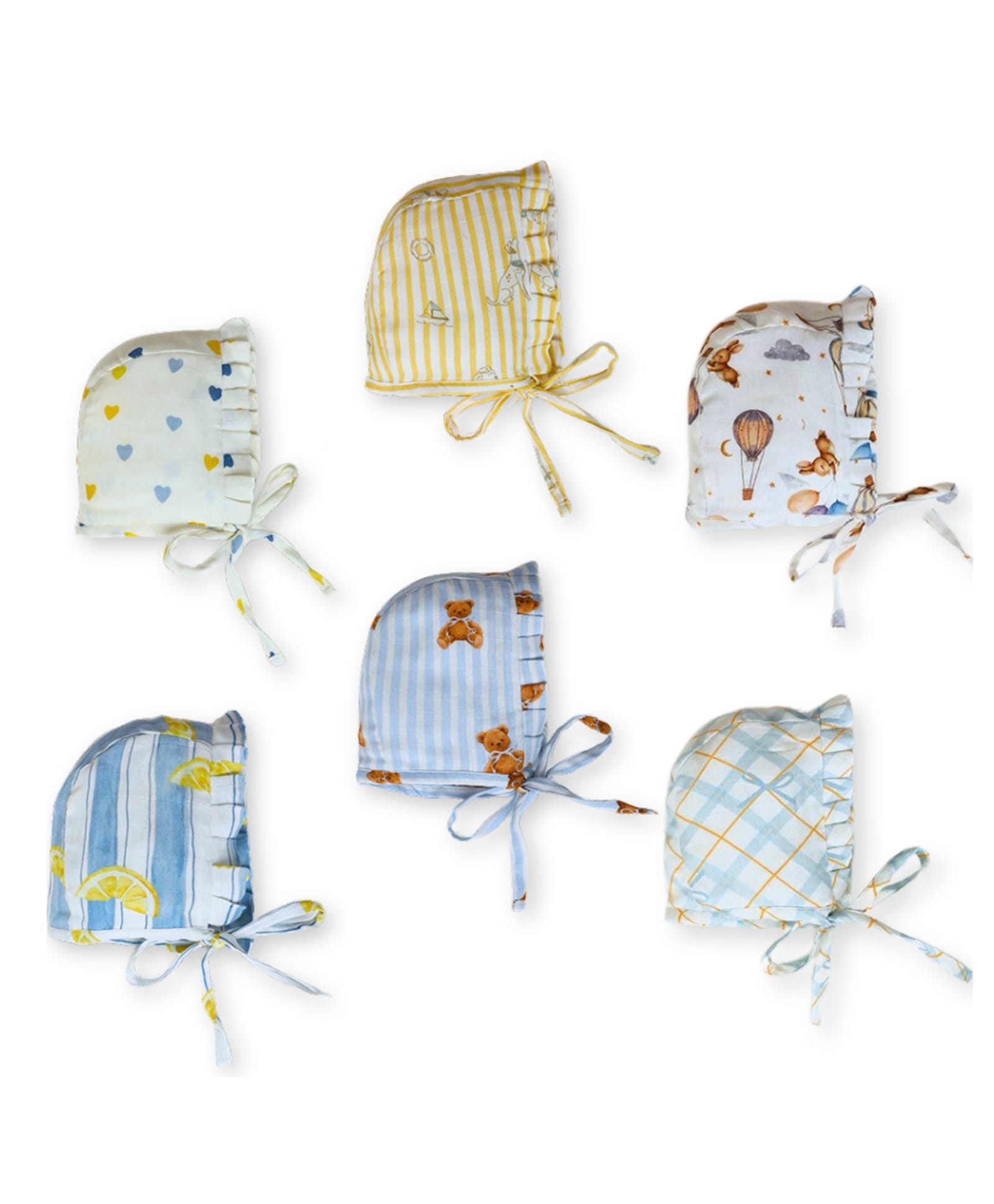 Cocoon Care Bamboo Cotton Knit Pack Of 6 Striped Hearts & Teddy Printed Caps - Multi Colour-picture-24