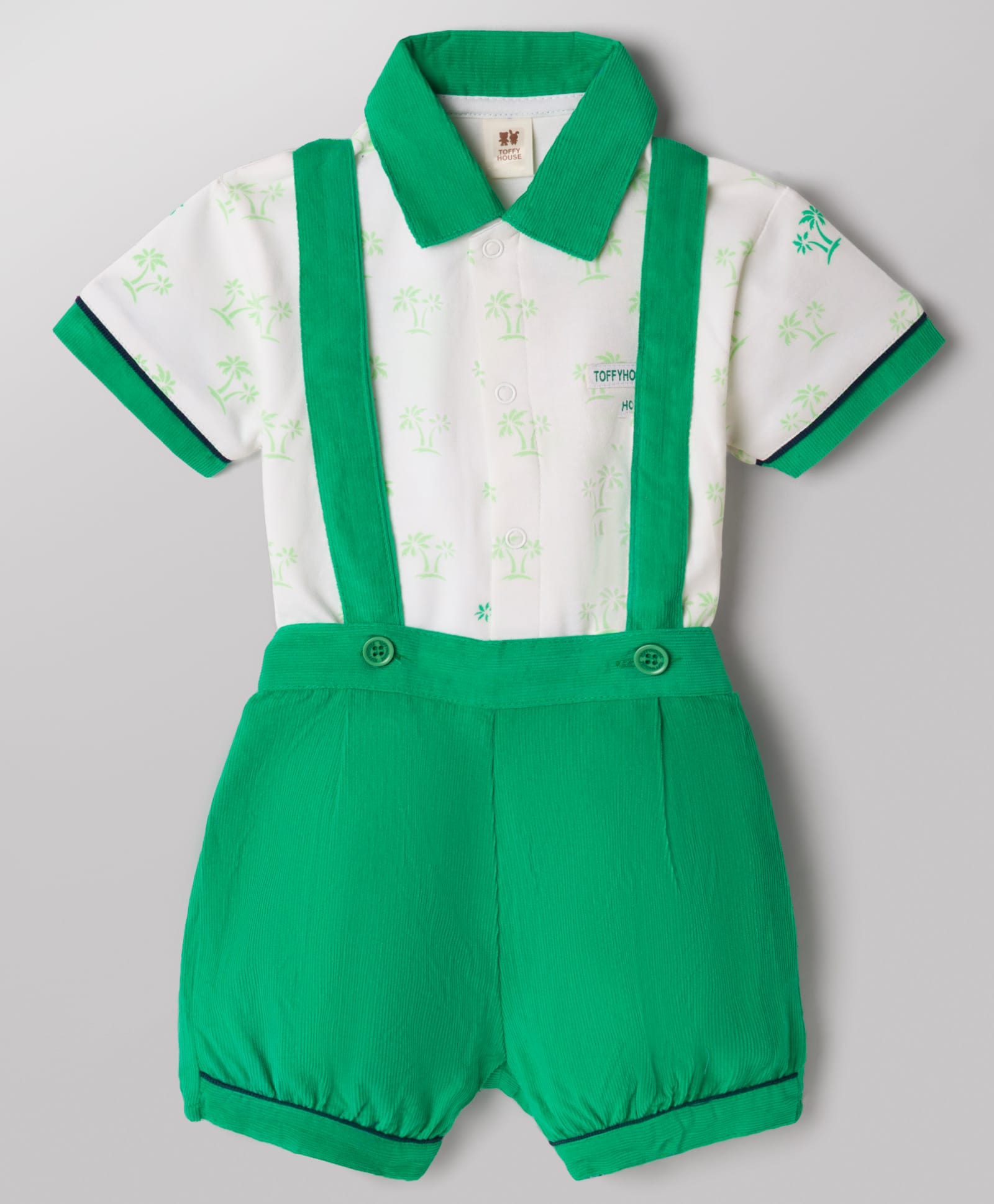 ToffyHouse Knitted Half Sleeves Polo T-Shirt & Shorts Set With Tree Print - Green-image-43