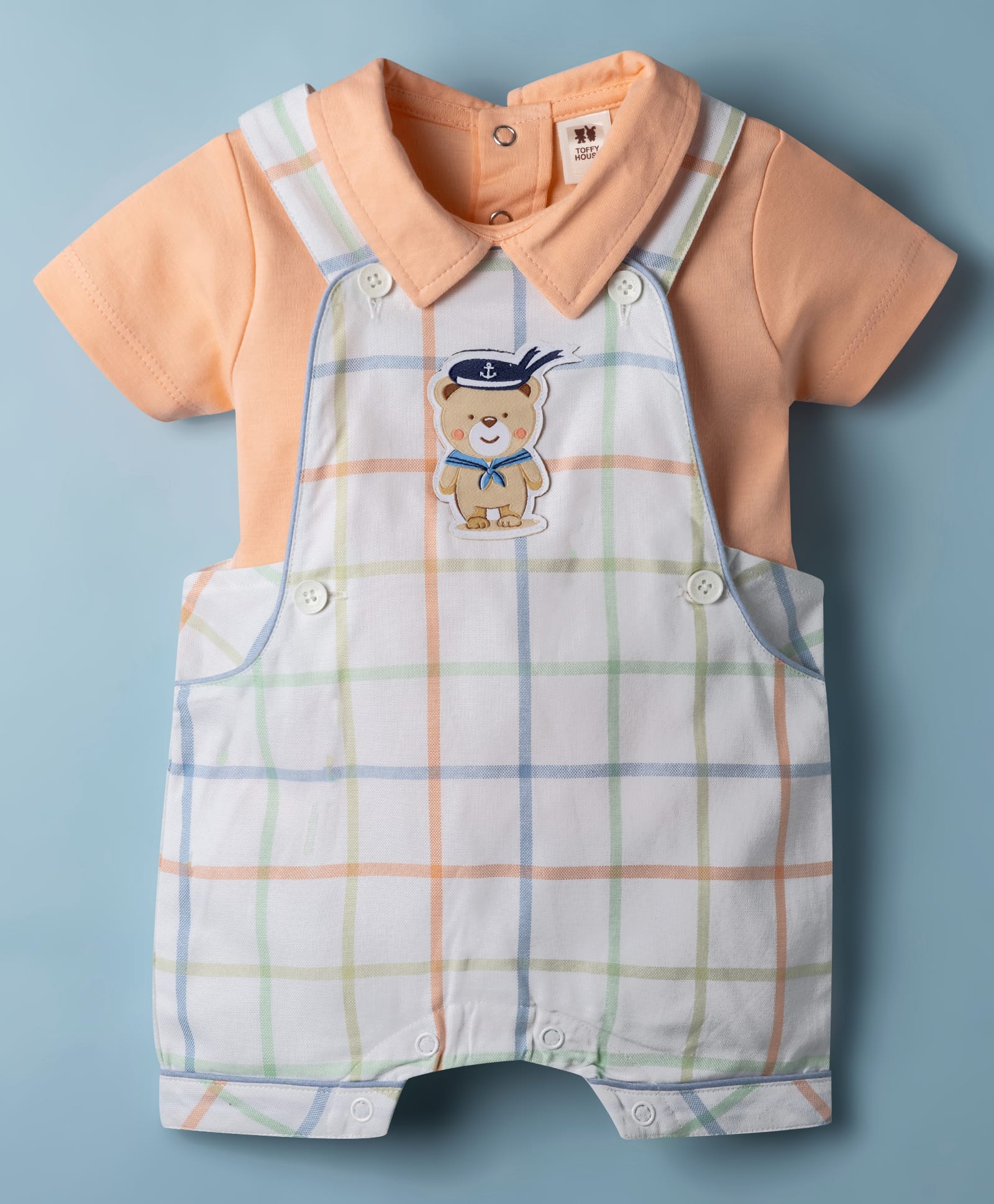 ToffyHouse Cotton Woven Striped Romper Style Dungaree Print & Half Sleeves T-Shirt With Bear Print - Peach & White-picture-23