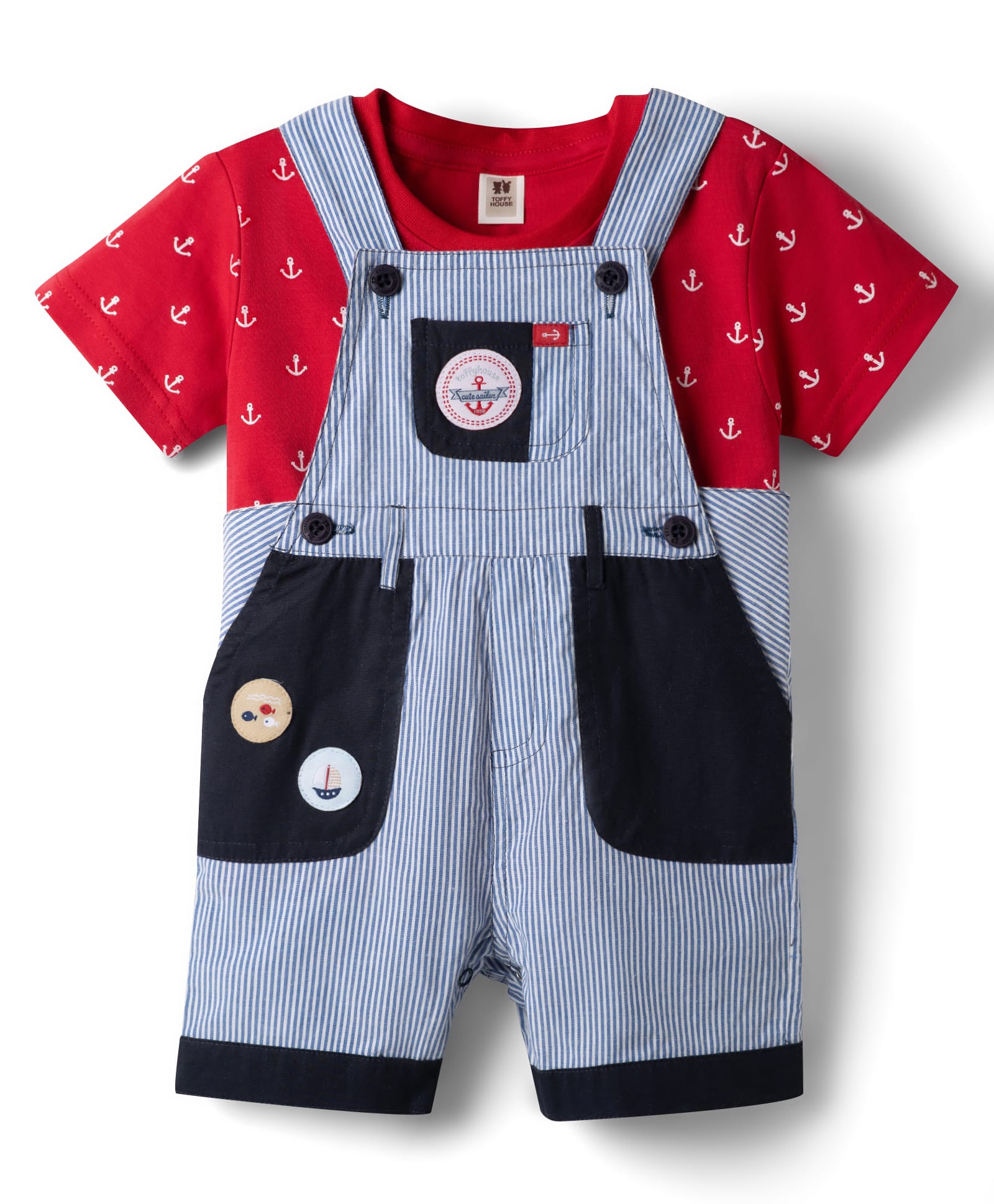 ToffyHouse Cotton Woven Dungaree & Half Sleeve T-Shirt With Nautical Theme - Red & Blue-picture-26