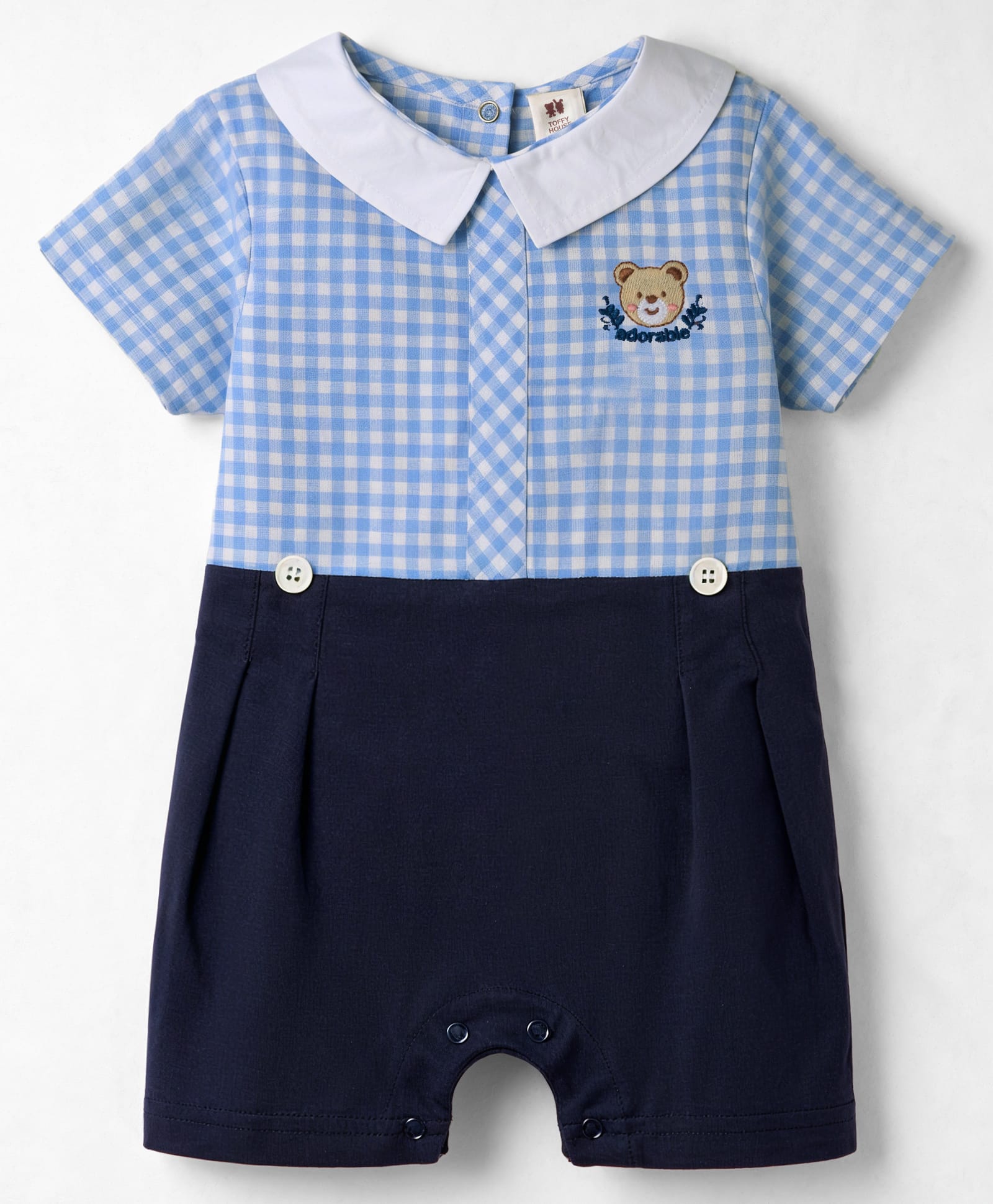 ToffyHouse Cotton Woven Half Sleeves Romper With Bear Embroidery - Light Blue-picture-1