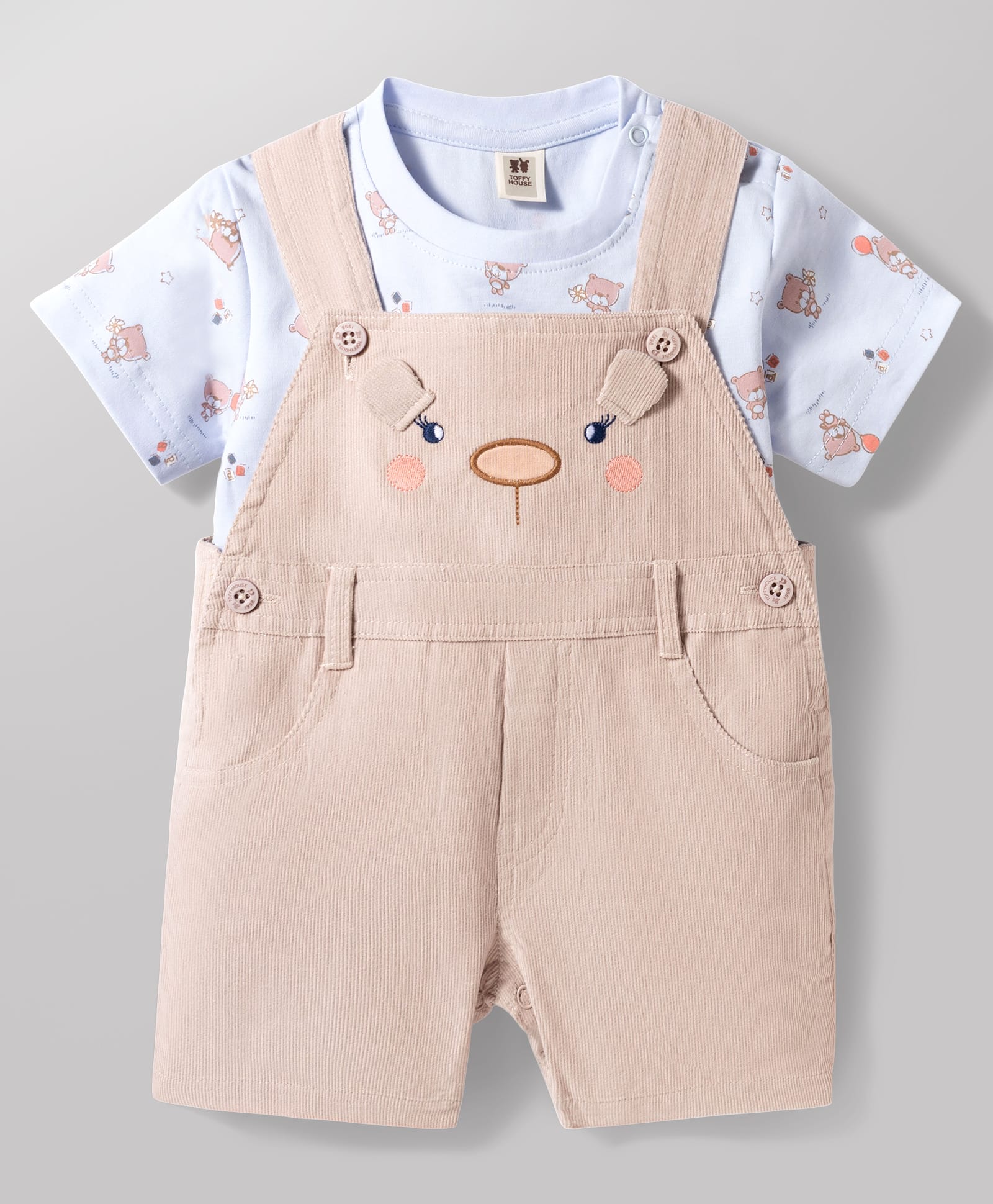ToffyHouse Cotton Woven Dungaree & Half Sleeves T-Shirt With Bear Print - Beige-picture-19