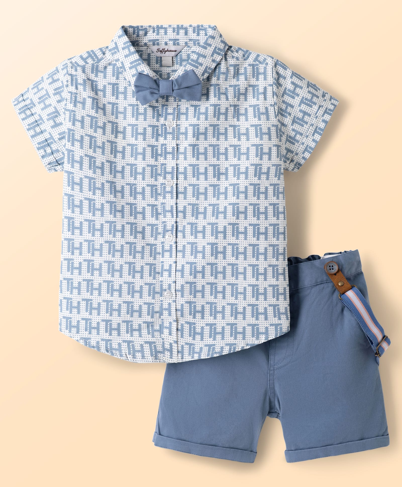 ToffyHouse Cotton Woven Half Sleeves Party Shirt & Short With Bow & Suspender - Blue-image-11