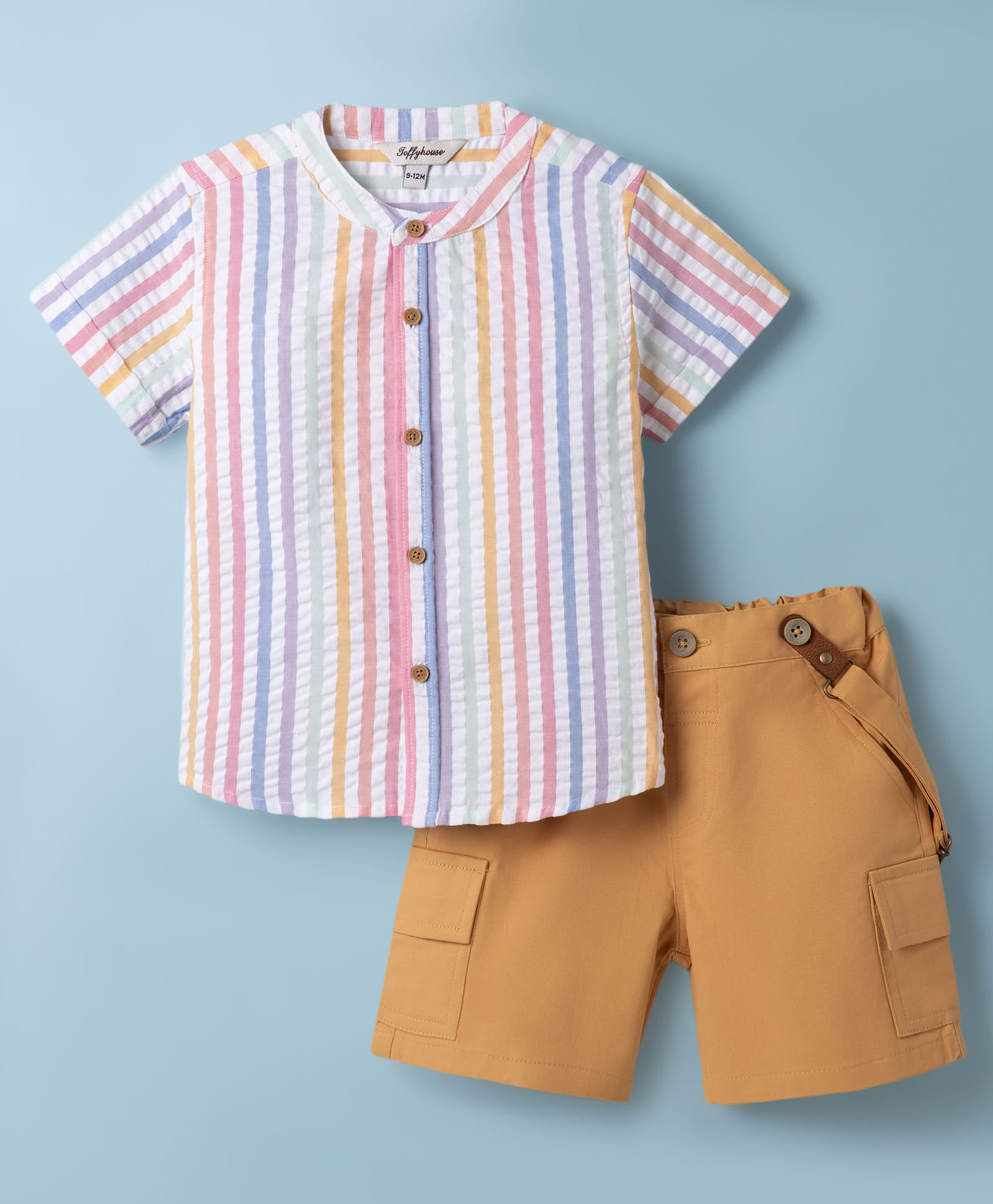 ToffyHouse Cotton Woven Half Sleeves Striped Party Shirt & Shorts With Suspender - Mustard & White-picture-15