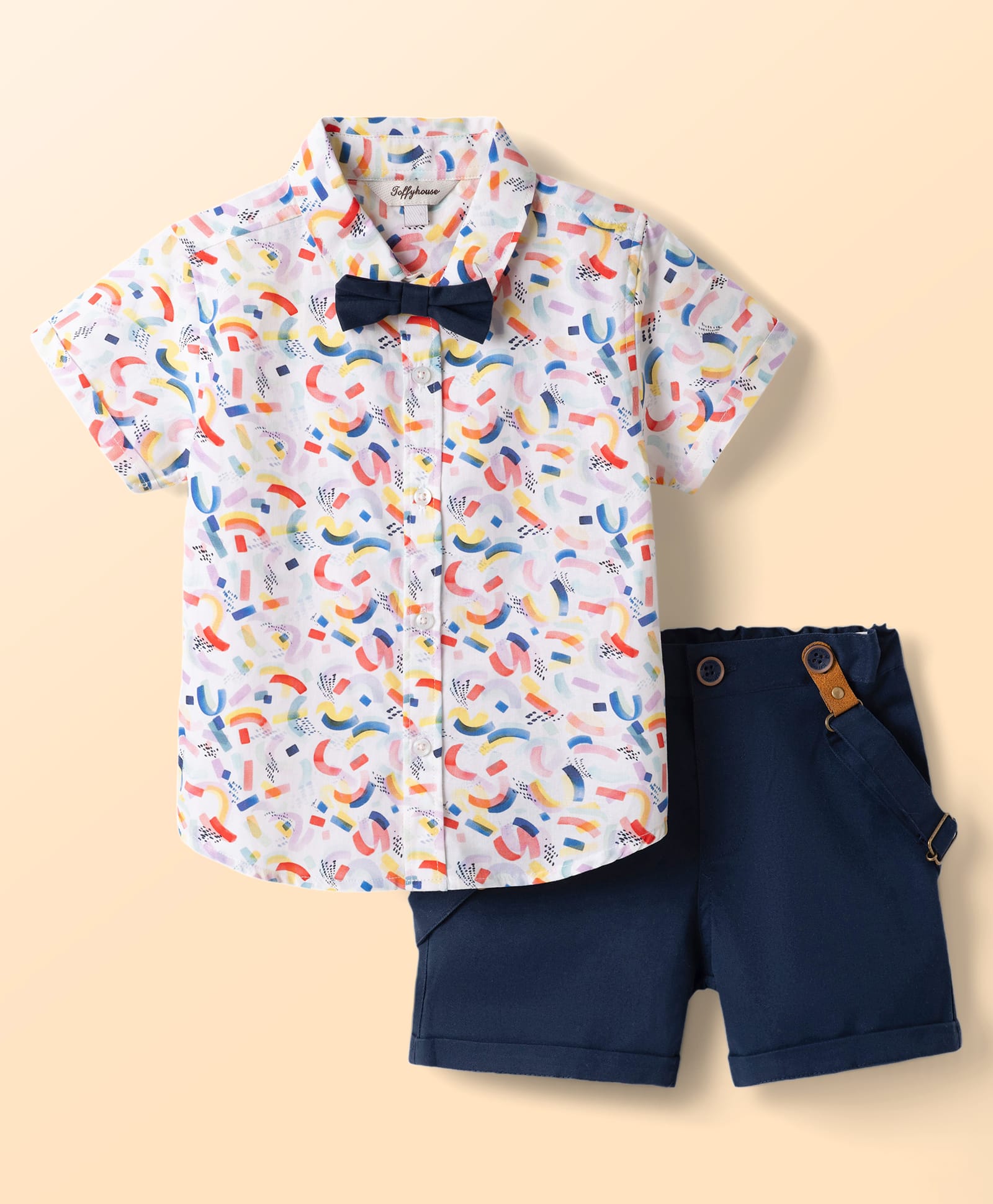 ToffyHouse Cotton Woven Half Sleeves Printed Party Shirt & Shorts With Bow & Printed - Navy Blue-image-43