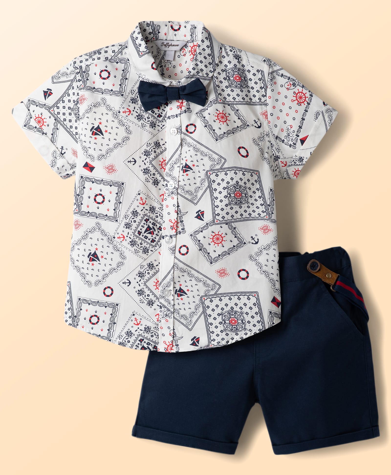 ToffyHouse Cotton Woven Half Sleeves Nautical Theme Printed Party Shirt & Shorts With Bow & Suspender - Navy Blue & White-image-27