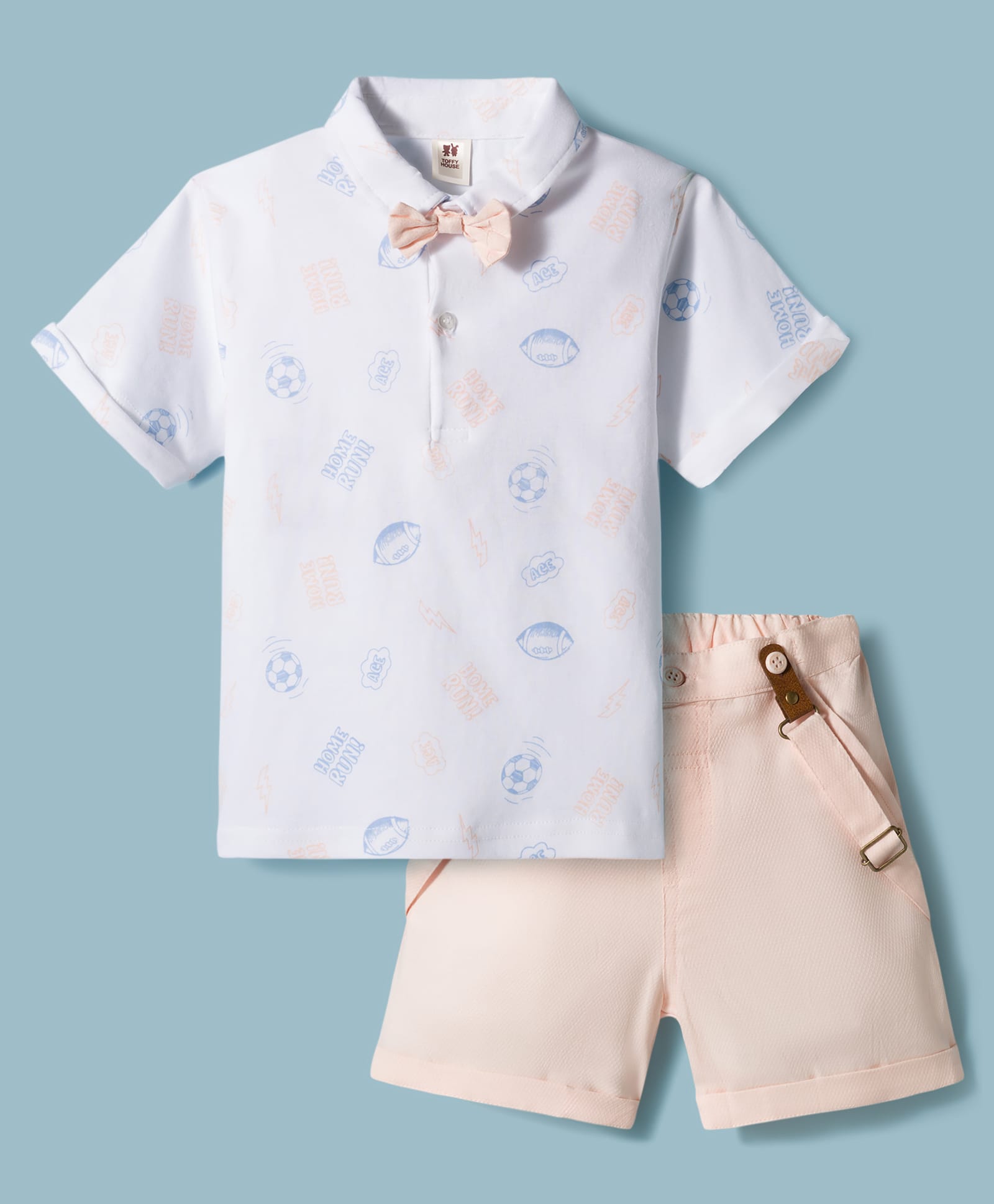 ToffyHouse Cotton Woven Half Sleeves Printed Party Shirt & Shorts With Bow & Suspender - White-image-31